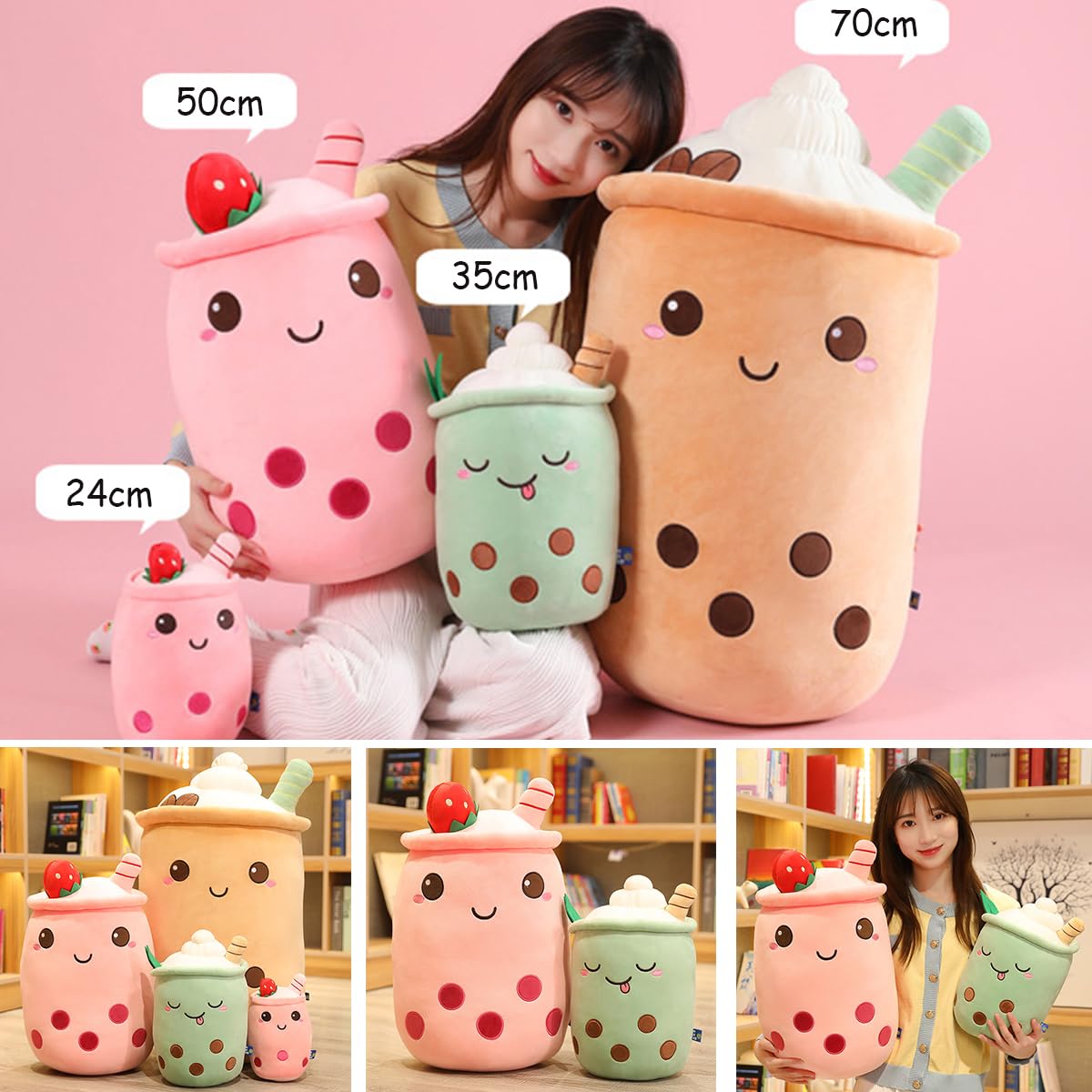 Bubble Tea Kuscheltier,Boba Stofftier Plüschkissen Spielzeug Weiches Umarmungskissen Geschenk für Kinder Mädchen Jungen(Grün-Schielende Augen,50cm)
