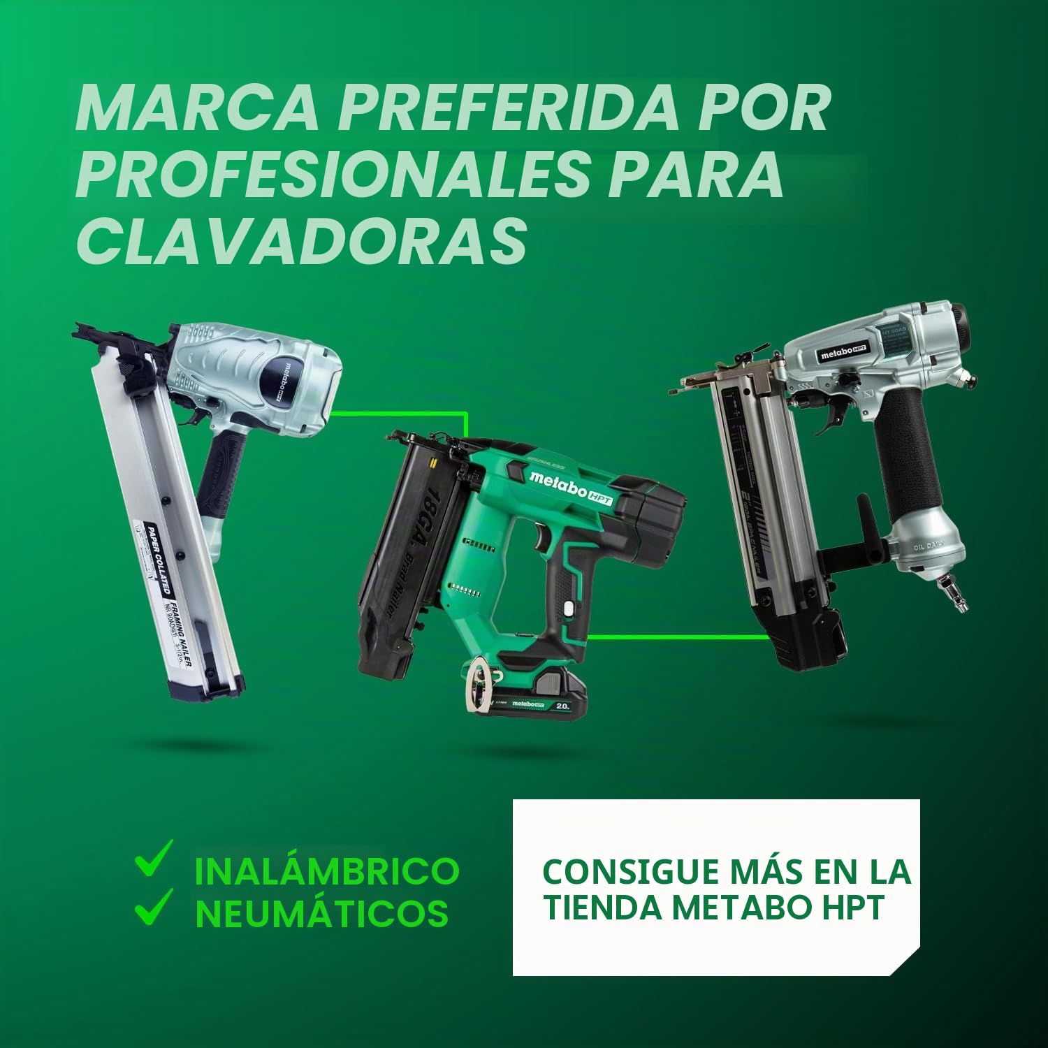 Metabo HPT Clavadora Brad NT50AE2 - Clavadora neumática ligera para trabajos de corte de precisión y construcción de muebles, profundidad ajustable, calibre 18, clavos de 5/8 pulgadas hasta 2 pulgadas