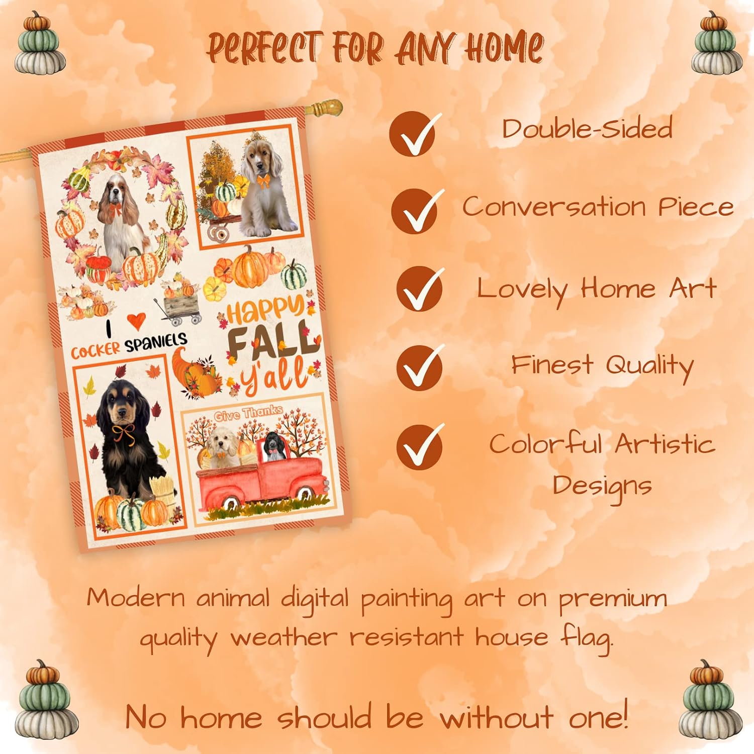 Happy Fall Y'all Cocker Spaniel House Flag 28x40 Double Sided | Full Size Outdoor Fall Harvest | Decorative Art | 40x28 Pet Dog Owners Welcome Flag | Charming Rustic Bright Home Decor