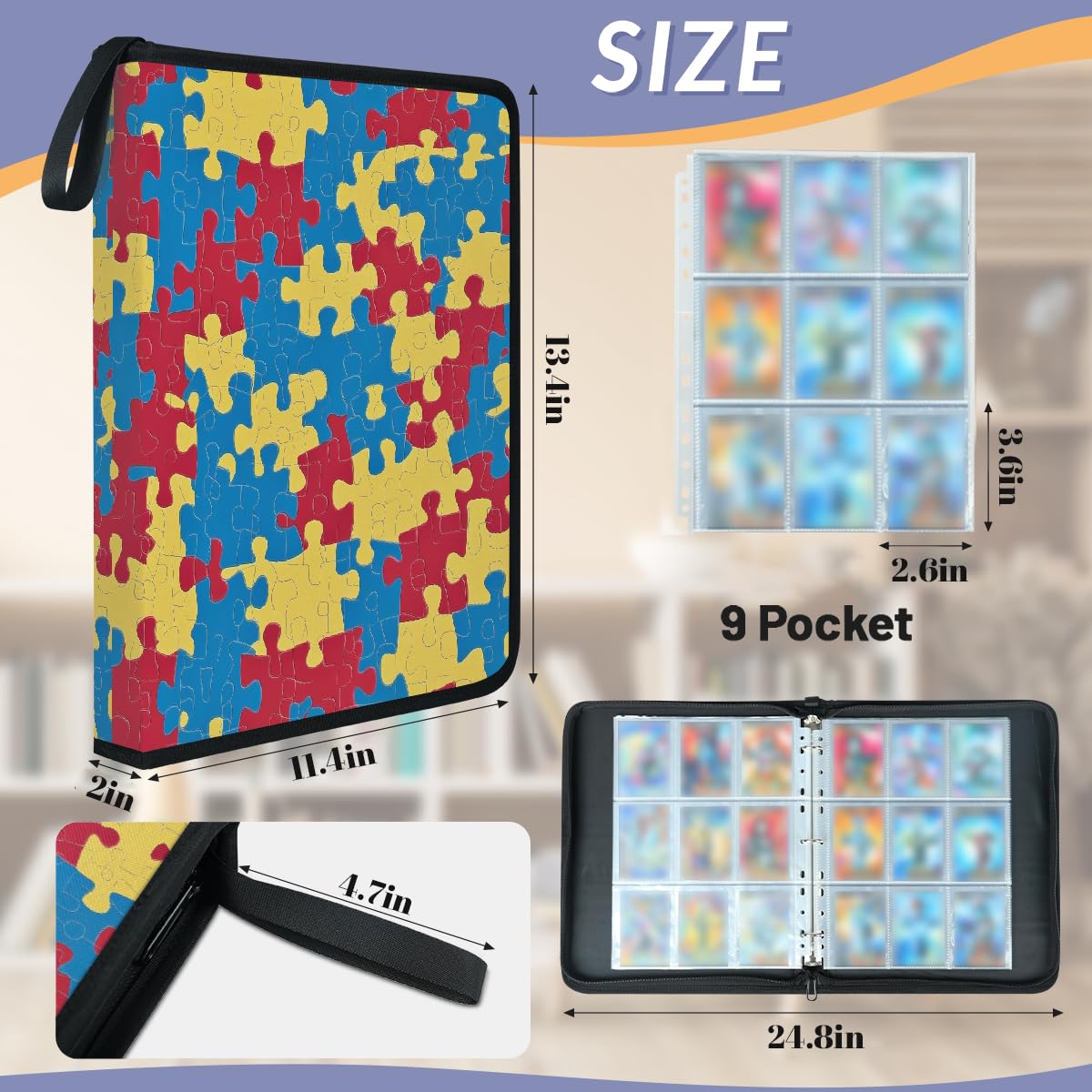 Mexpekil Raccoglitore di carte colorato puzzle 9 tasche con 50 pagine a caricamento laterale maniche cartella di raccolta di carte per 900 carte con cerniera album di carte collezionabili impermeabile
