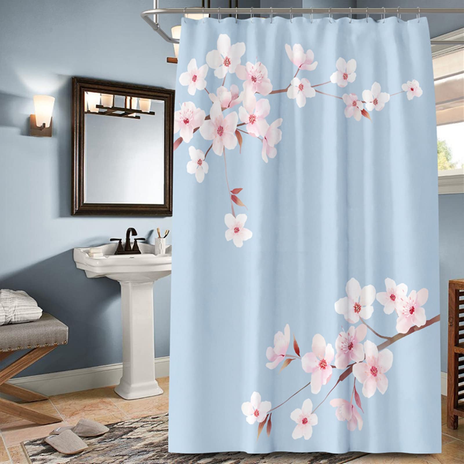 Rideau douche 240x200cm fleur du prunier rose bleu polyester anti moisissure salle de bain