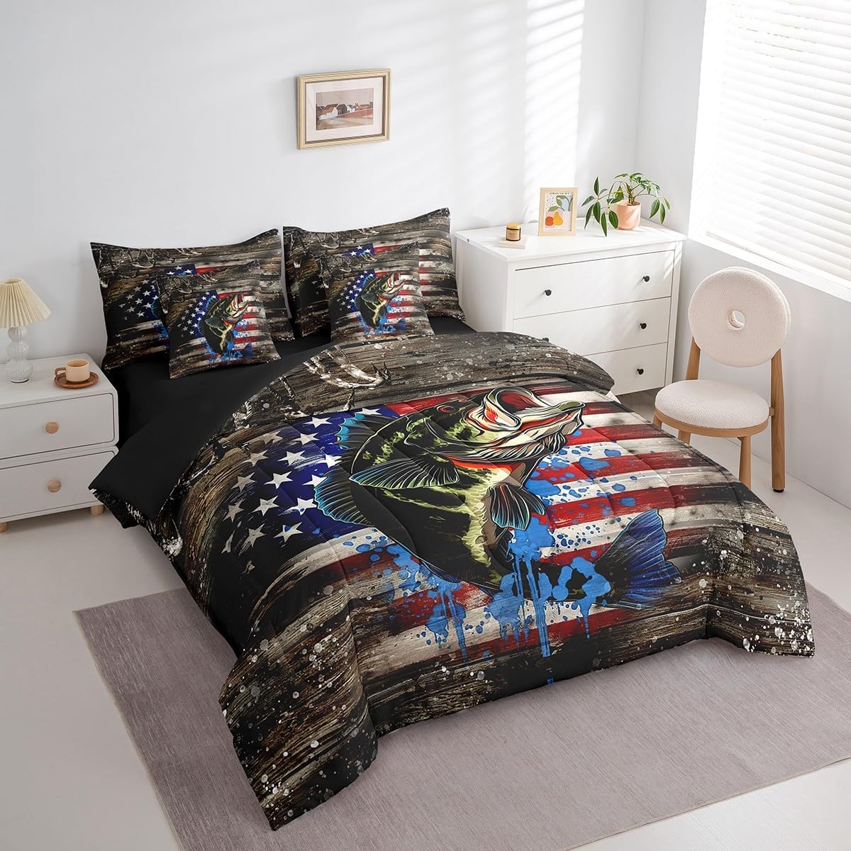 Feelyou Fish Comforter Set with Sheets 7 Piece Twin Size American Flag Bed in a Bag Fish Hook Fishing Theme Bedding Set Ocean Marine Animal Bed Set with Comforter,Sheets,Pillowcases & Cushion Covers