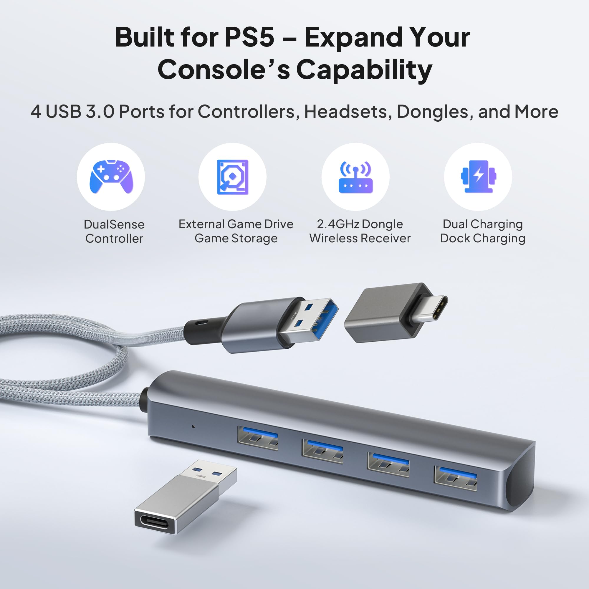 Elebase Hub USB do PS5 Pro/Slim 4 Port USB 3.0 Multiple Splitter 1 in 4 | Wyjścia Rozdzielacza z Kablem 60CM Long Cable, 5Gbps High-Speed Extender Hub z Funkcją OTG & USB Adapter Do Konsoli PS4 PS5