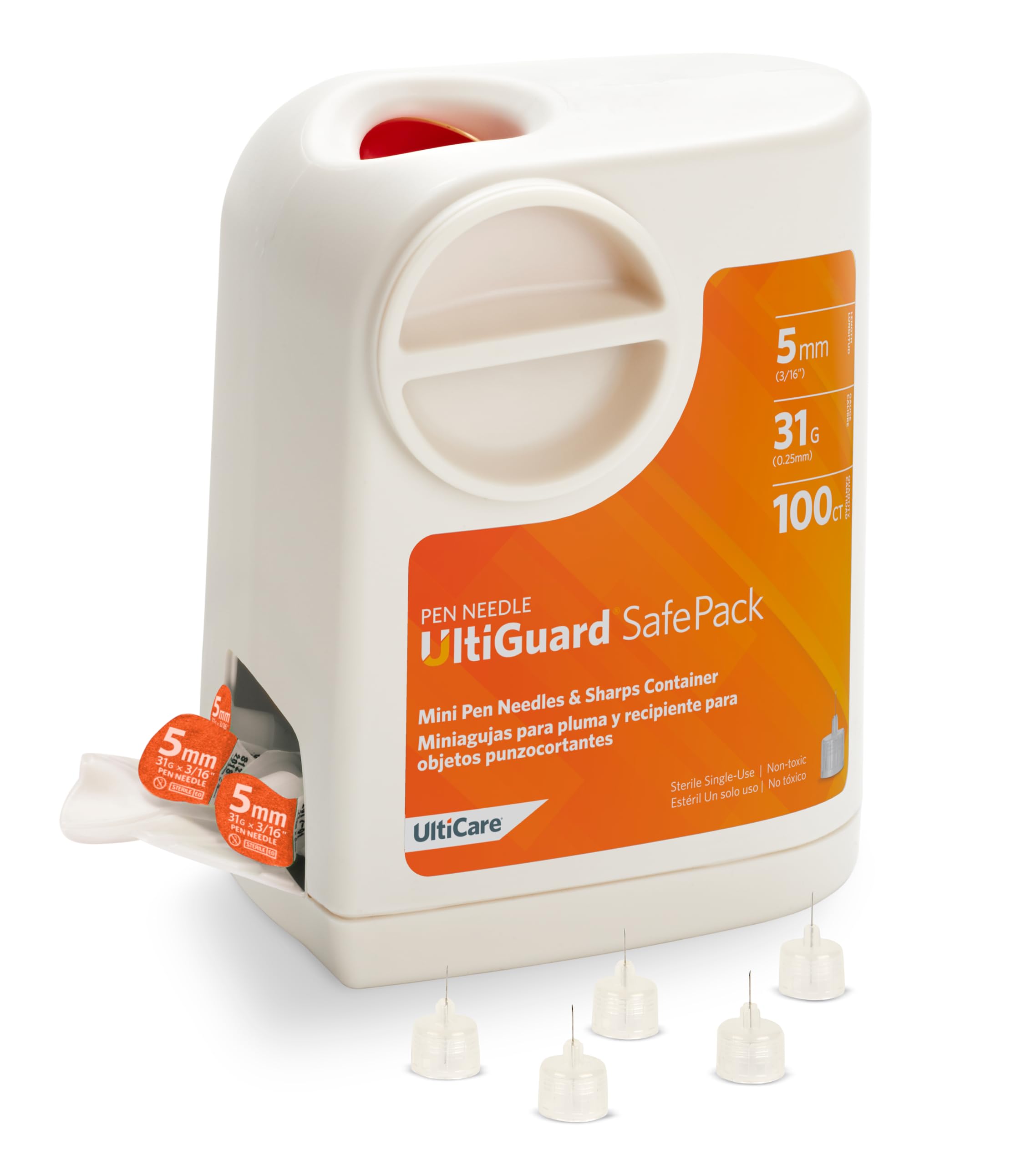 Contenedor de agujas y objetos punzantes UltiGuard Safe Pack todo en uno para inyecciones de insulina en casa y eliminación segura de agujas. Tamaño mini: 5 mm (3/16") x 31 G, 100 unidades.