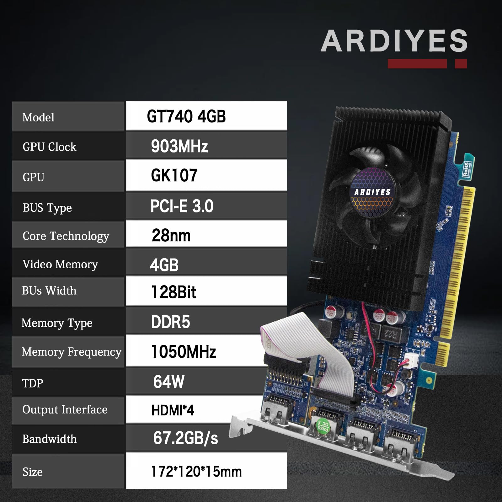 GT 740 4GB GDDR5 Low Profile GPU Scheda Grafica, 4X Porte HDMI per Quad Multi-Monitor Setup, PCI Express 3.0 x16, Silent Cooling, Ideale per Office e Home Theater