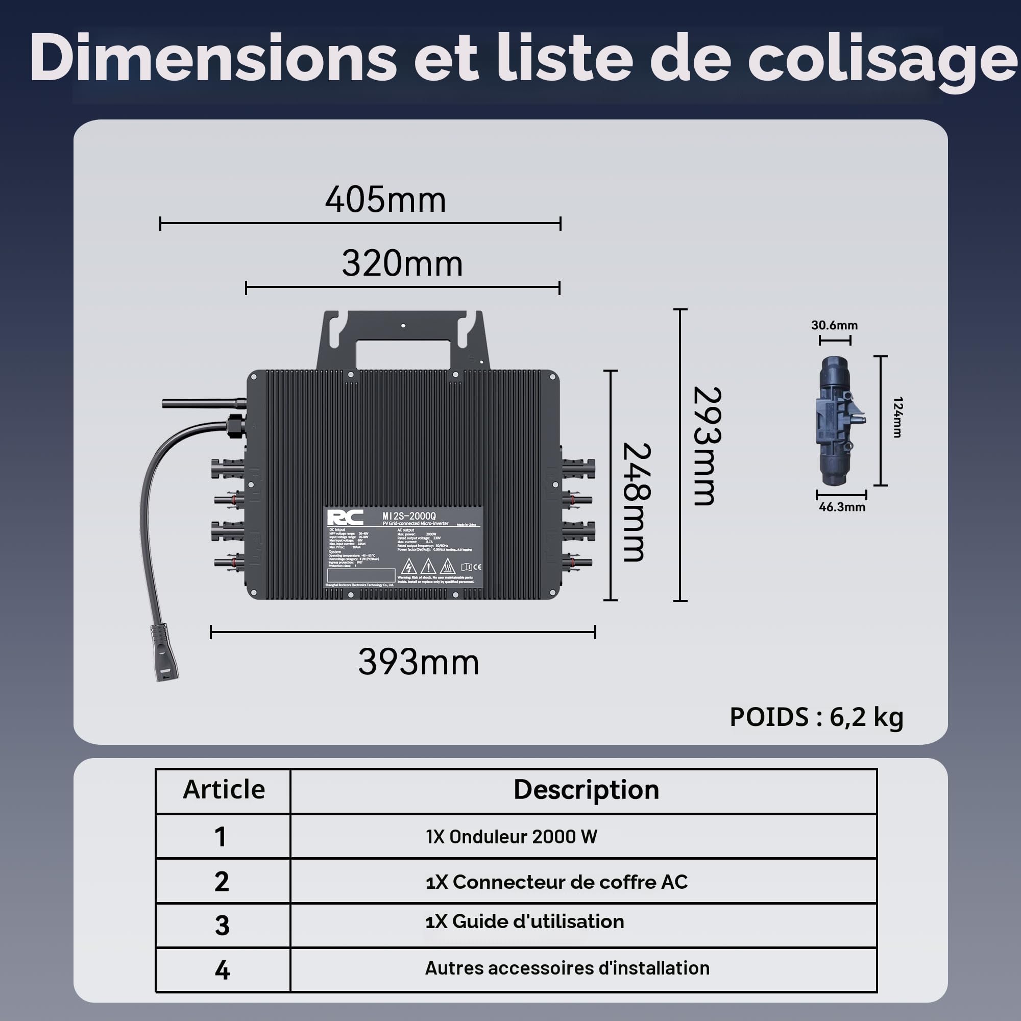 RC Micro-onduleur 2000W pour système photovoltaïque de Balcon, entrée DC 26-60V par Canal, onduleur MPPT à 99,8%, Contrôle de l’Application Via Wi-FI, IP67 | Onduleur de module PV, entrée CC 26–60 V, surveillance Wi-Fi à distance, adapté aux installations