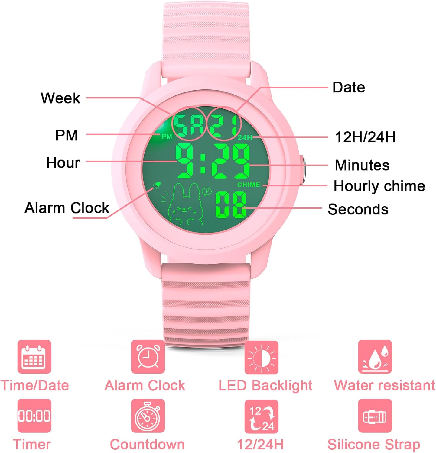 Girl washing hands with Edillas Digital Watch, showing water resistance for soaking, getting wet, sweating, and doing chores