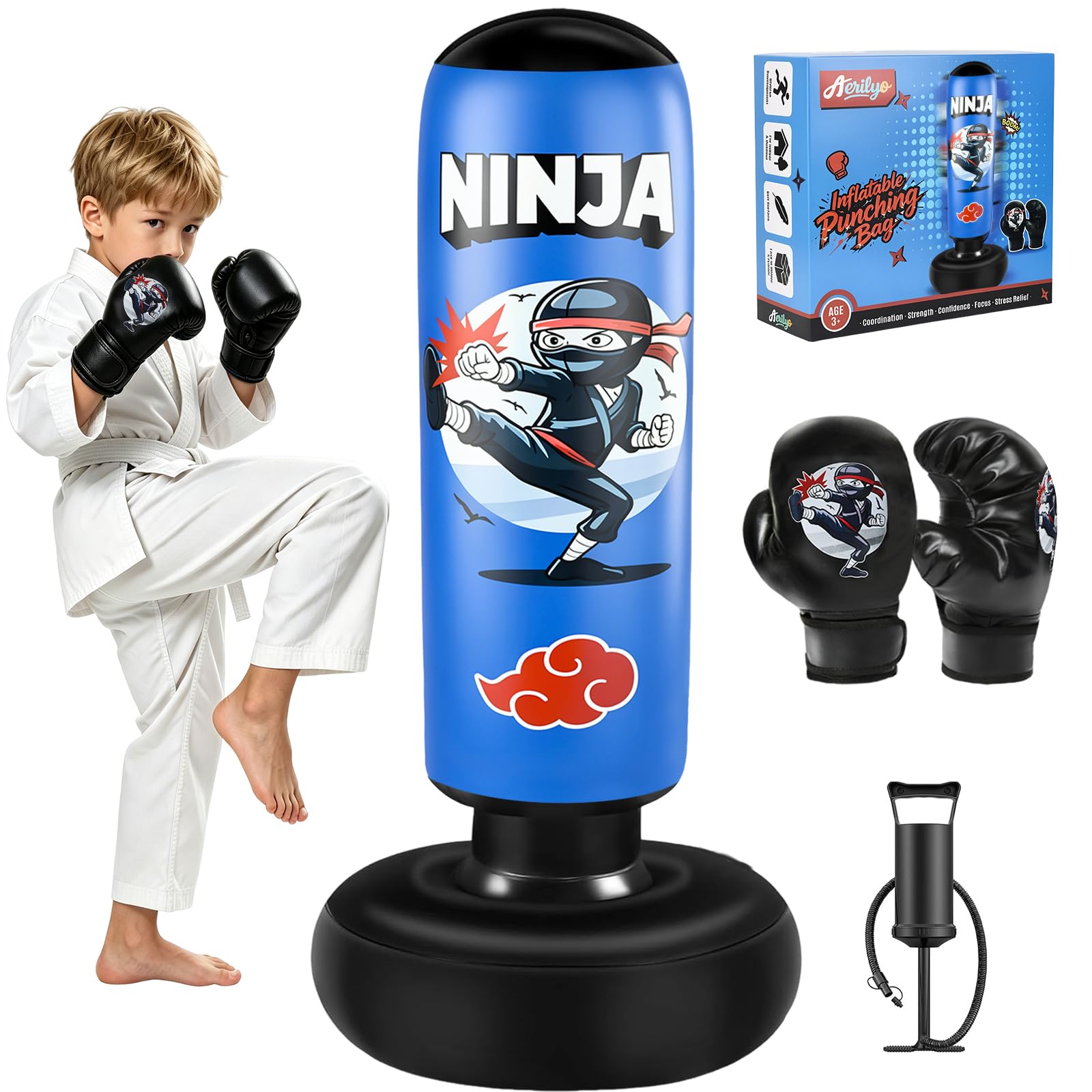 Aerilyo Punching Bag for Kids Ninja 66 Inch Kids Boxing Set with Gloves