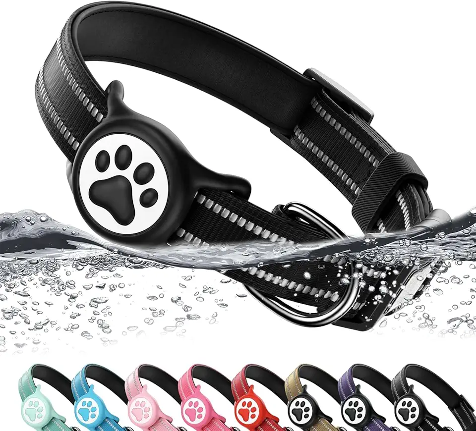 Coleira de cachorro AirTag, nylon refletivo ultradurável, acolchoada com fivela de código QR e suporte de etiqueta de ar IP68 à prova d'água, compatível com Apple AirTag, confortável para cães