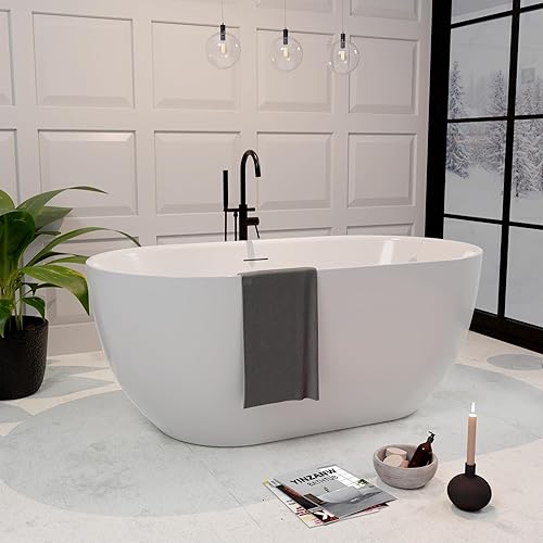 Yinzanw Bañera ovalada de acrílico, bañera independiente, drenaje extraíble integrado con acabado blanco certificado CUPC (blanco)