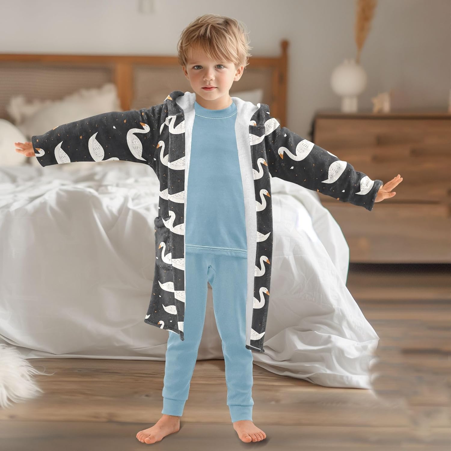 senya Duck on Black Background Toddler Hooded Bathrobe Kids Soft Plush Bath Towel Robes for Boys Girls 2-12 Years