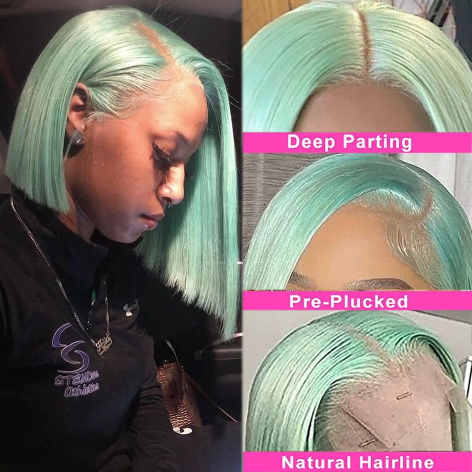 13x4 Bob Lace Front Wigs Human Hair 10 Inch Transparent HD Lace Front Bob Wig Real Human Hair Mint Green Deep Parting Lace Frontal Bob Wigs Pre Plucked with Baby Hair 180% Density Colored Short Bob