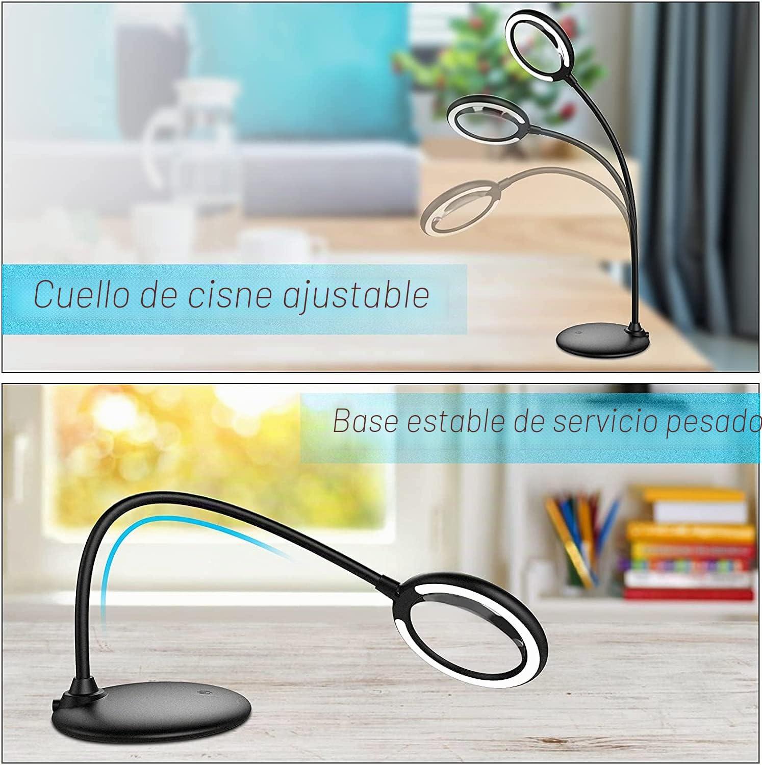 Lámpara de escritorio recargable de 5 aumentos, lupa regulable con luz y soporte, lupa táctil regulable con 28 luces led para trabajar, leer, practicar aficiones, costura, manualidades, negro