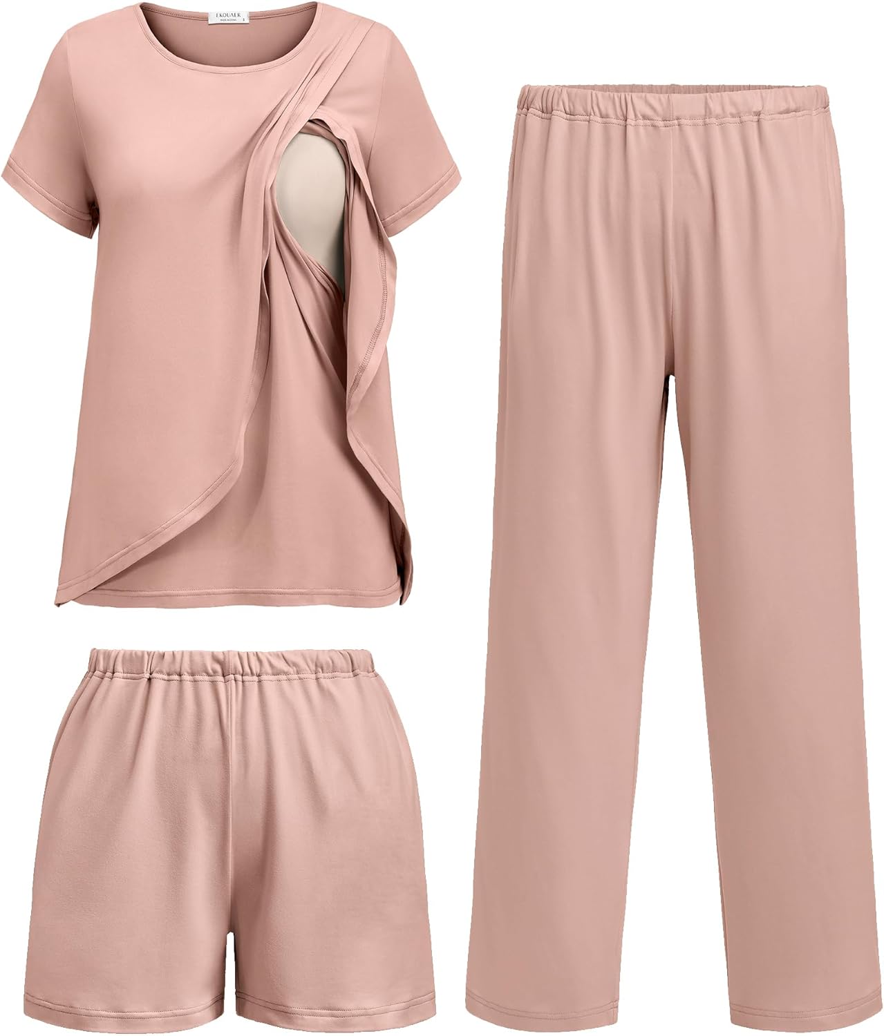 Ekouaer 3 PCS Maternity Nursing Pajamas Set Postpartum Breastfeeding Short Sleeve Shirts, Pregnancy Shorts & Pants Pjs S-XXL