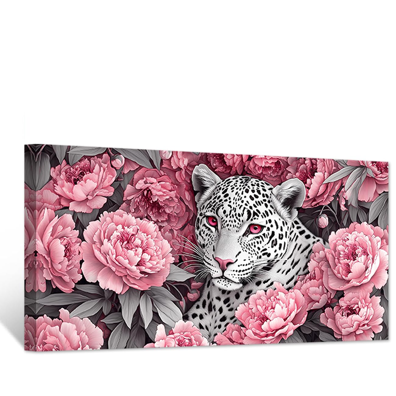 CCWACPP Leopard Canvas Wall Art Wildlife Painting Print Black Leopard in Peony Pictures Peony Poster Animal Artwork Living Room Office Decor Framed (30.00 x 60.00 cms)