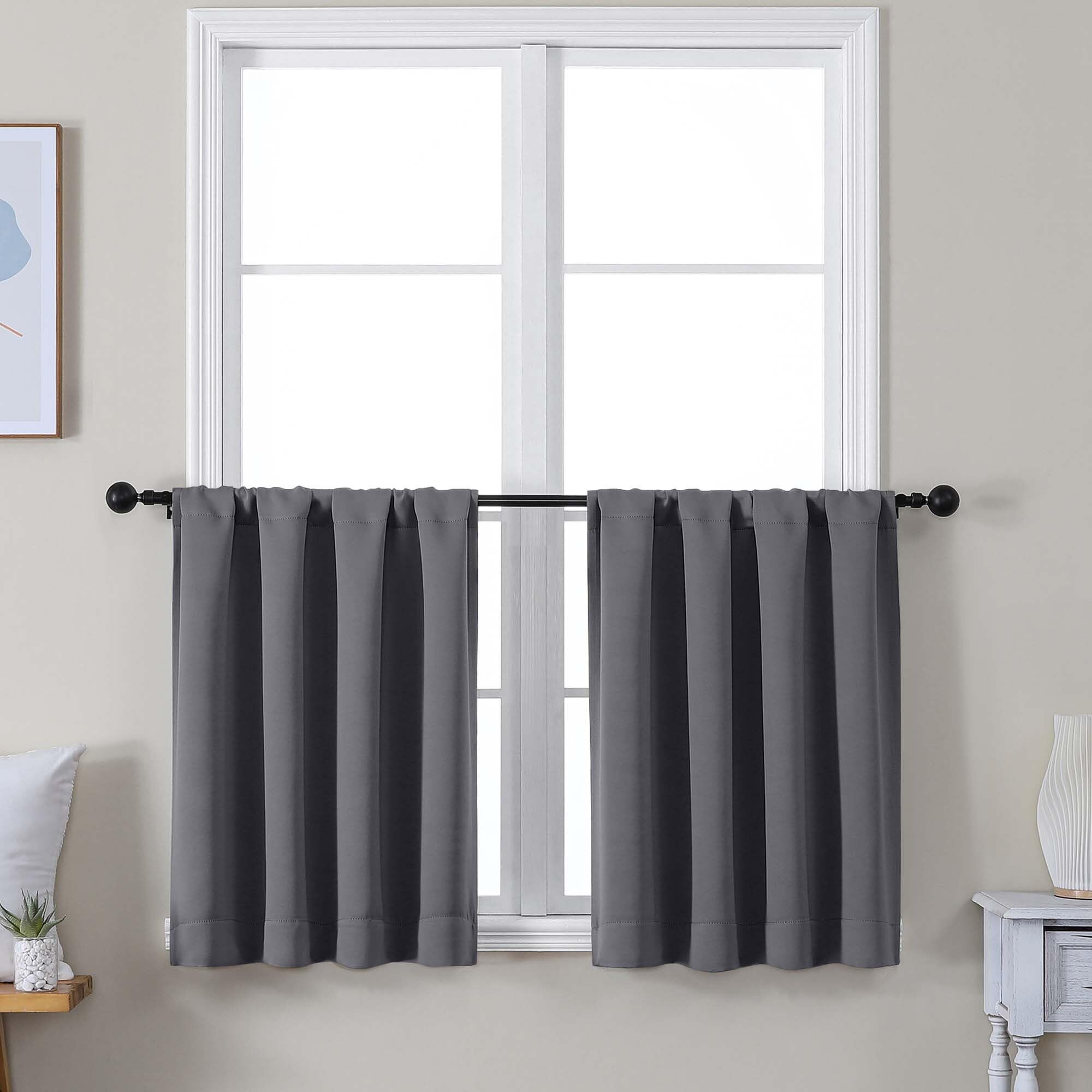 Photo 1 of Simplebrand Ava Grey Short 24 Inches Blackout Curtain 2 Panels Set, Half Window Rod Pocket Privacy Curtain Tiers for Kitchen, Curtains Blackout for Bathroom Shades, W30 x L24 Inch, Grey