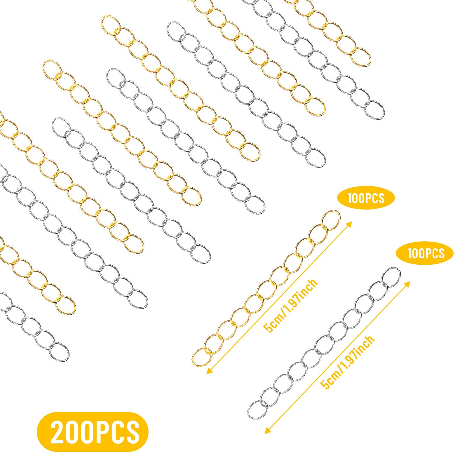 Mabor 200Pcs Chain Extender for Necklace, Necklace Extension, Gold Silver Bracelet Chain Extender Tails Removable Extension Chains for Jewelry Bracelet Anklets Making