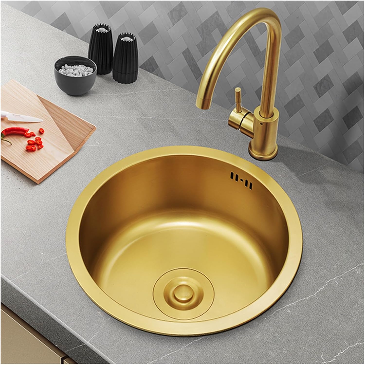 32cm Gold Stainless Steel Bar Sink,36cm Round Small Space Prep Sink,40cm Silent Soundproofed Single Bowl RV Sink,for Kitchen, Camping(Golda 40x40x21cm)