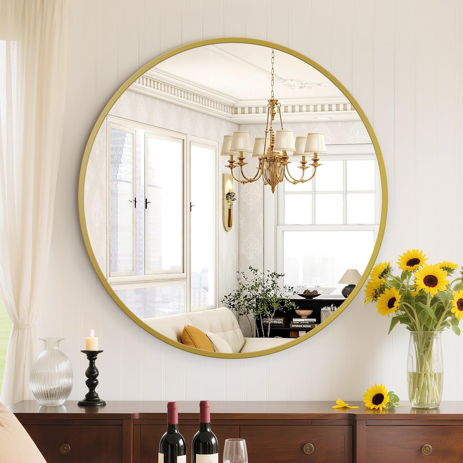 Sweetcrispy 28in Gold Round Bathroom Mirrors for Wall, Bathroom Mirrors for Over Sink, Wall Decor for Bathroom, Entryway, Bedroom, Vanity