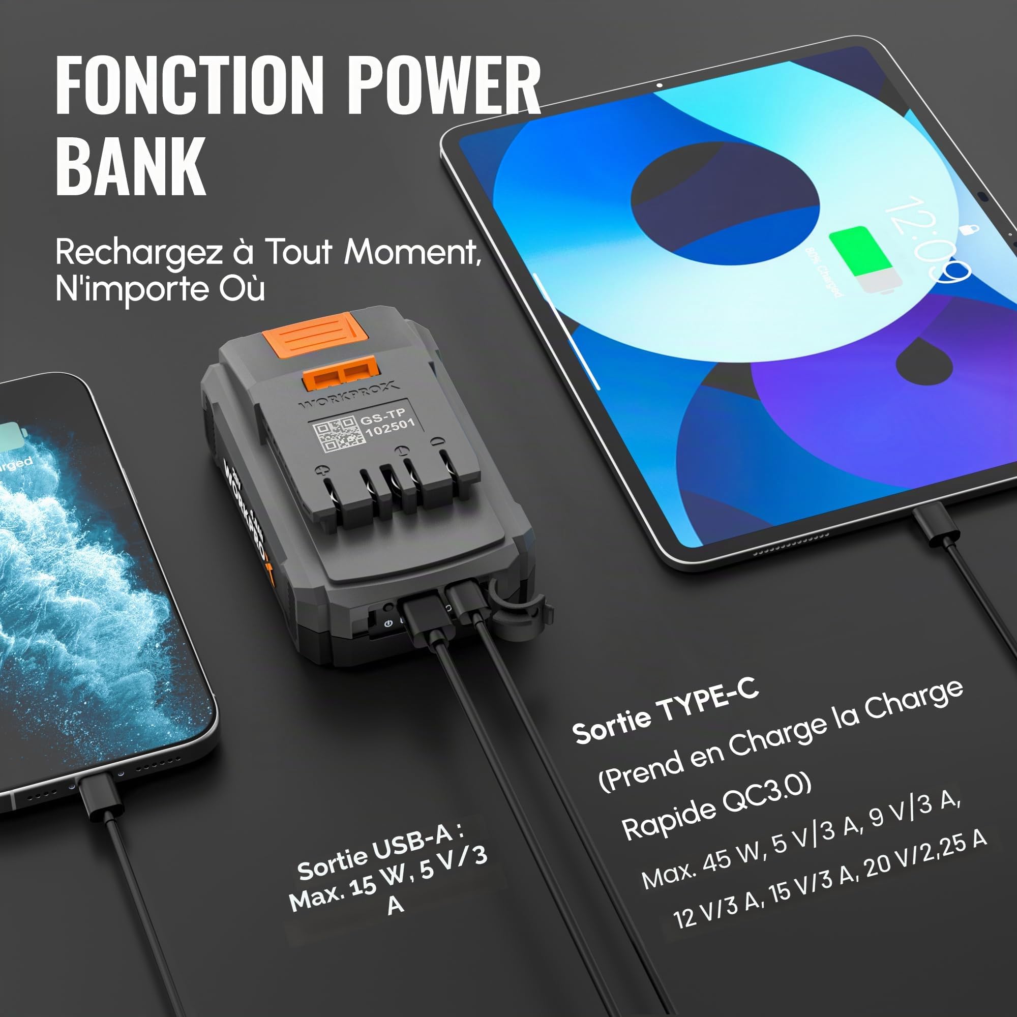 WORKPROX Batterie Lithium-Ion 20 V 4,0 Ah | Haute Capacité, Fonction Power Bank, Écran LED de Niveau de Charge, Compatible avec Les Outils WORKPROX