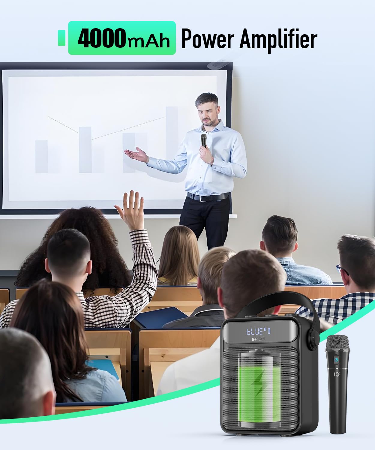 SHIDU 40W Voice Amplifier with Wireless Microphone Handheld, Wireless Voice Amplifier for Teacher, Bluetooth Power Amplifier Portable Megaphone for Classroom Speech Meeting Instructor Outdoor-S95 - Image 5