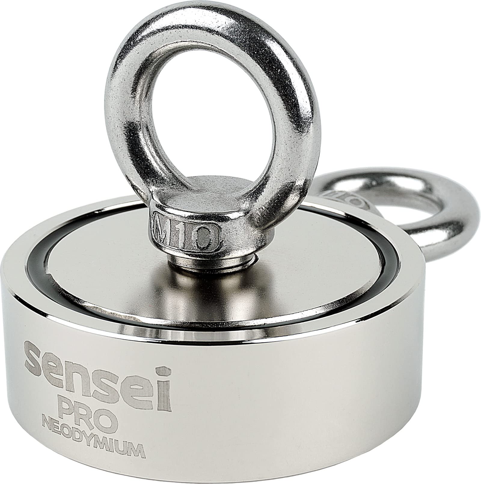 Imán SENSEI 250 kg, Imán de Neodimio de Doble Cara N52 con Gancho Superior y Lateral, Ø7,5 x H2,5 cm, Imán de Neodimio Muy Potente para Hogar, Taller, Pesca en el Agua