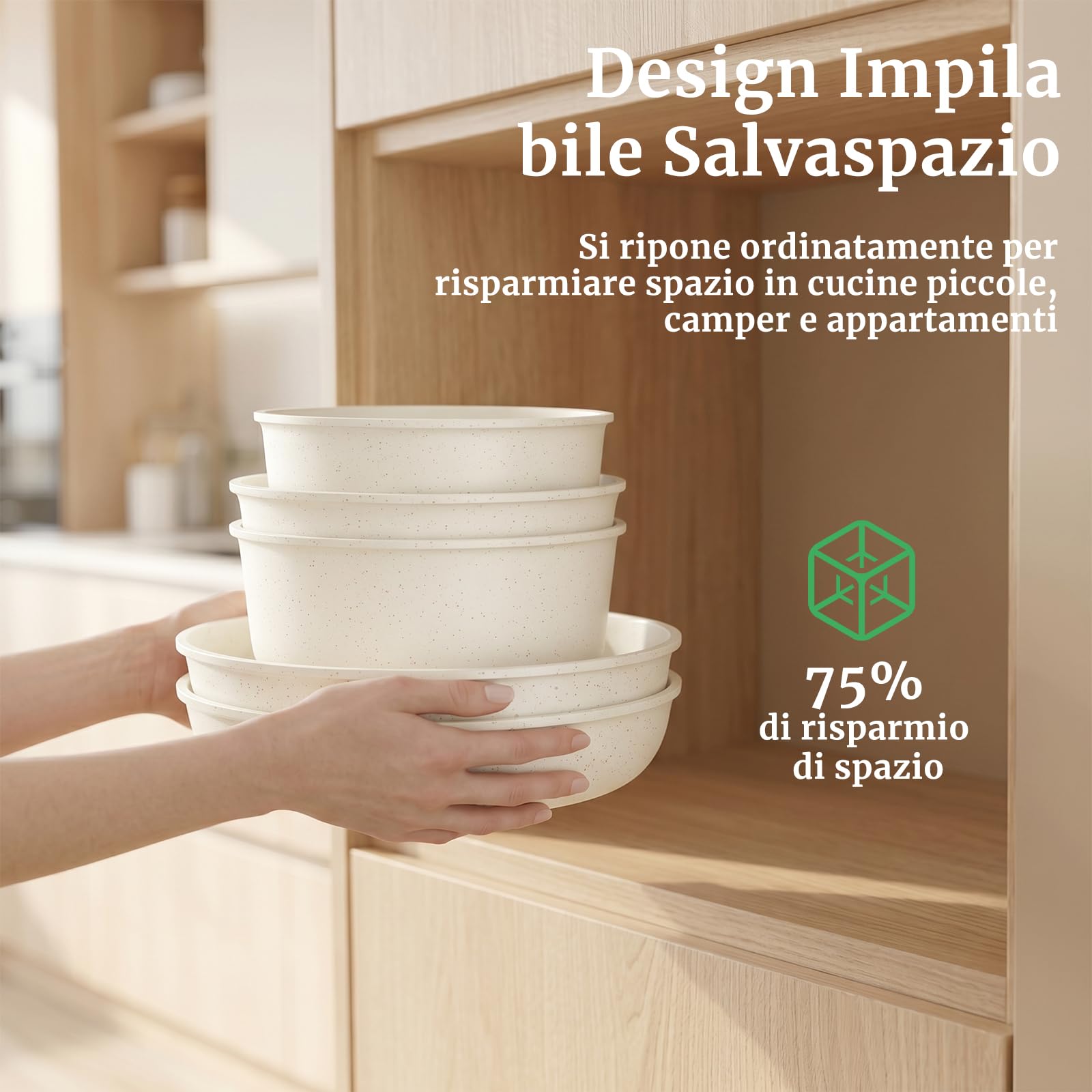 YASHE 20 Pezzi Batteria di Pentole con Manico Rimovibile, Forno/Induzione | Set Pentole e Padelle Antiaderenti in Granito, Senza PFOA, Impilabili, Salvaspazio per Camper e Monolocali