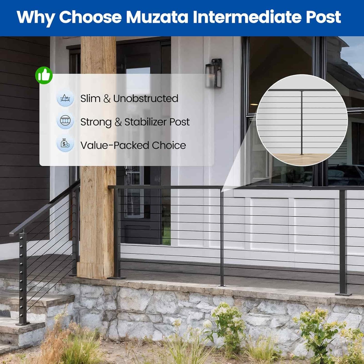 Muzata Black Super Thin Intermediate Cable Railing Post 36 Inch 36"x3/8"x2" Level Drilled Surface Mount T304 Stainless Steel Cable Railing System Kit Indoor Outdoor PS32 BH4S