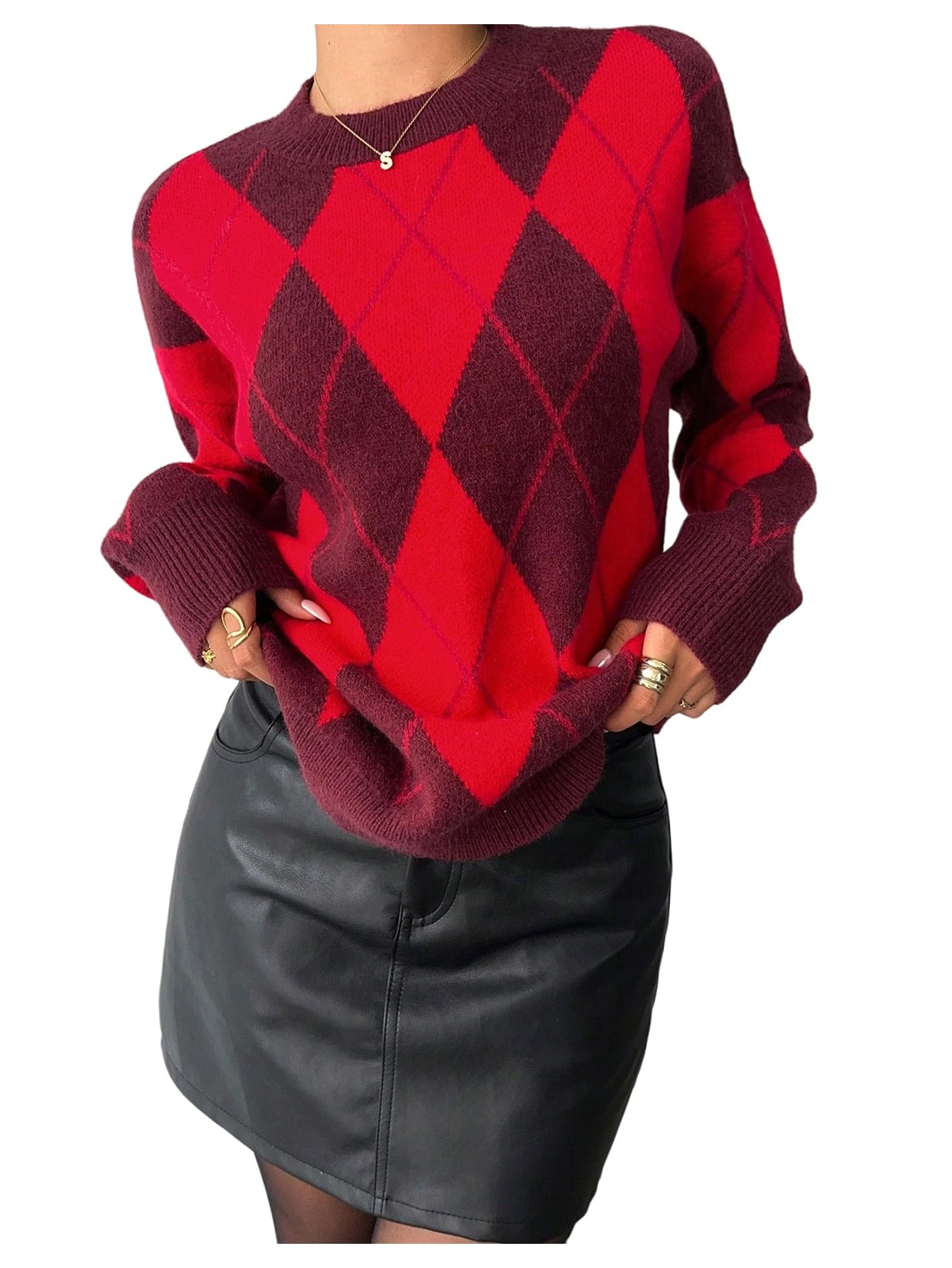 MakeMeChic Womens Winter Plaid Print Sweater Crew Neck Long Sleeve Pullovers Knitwear