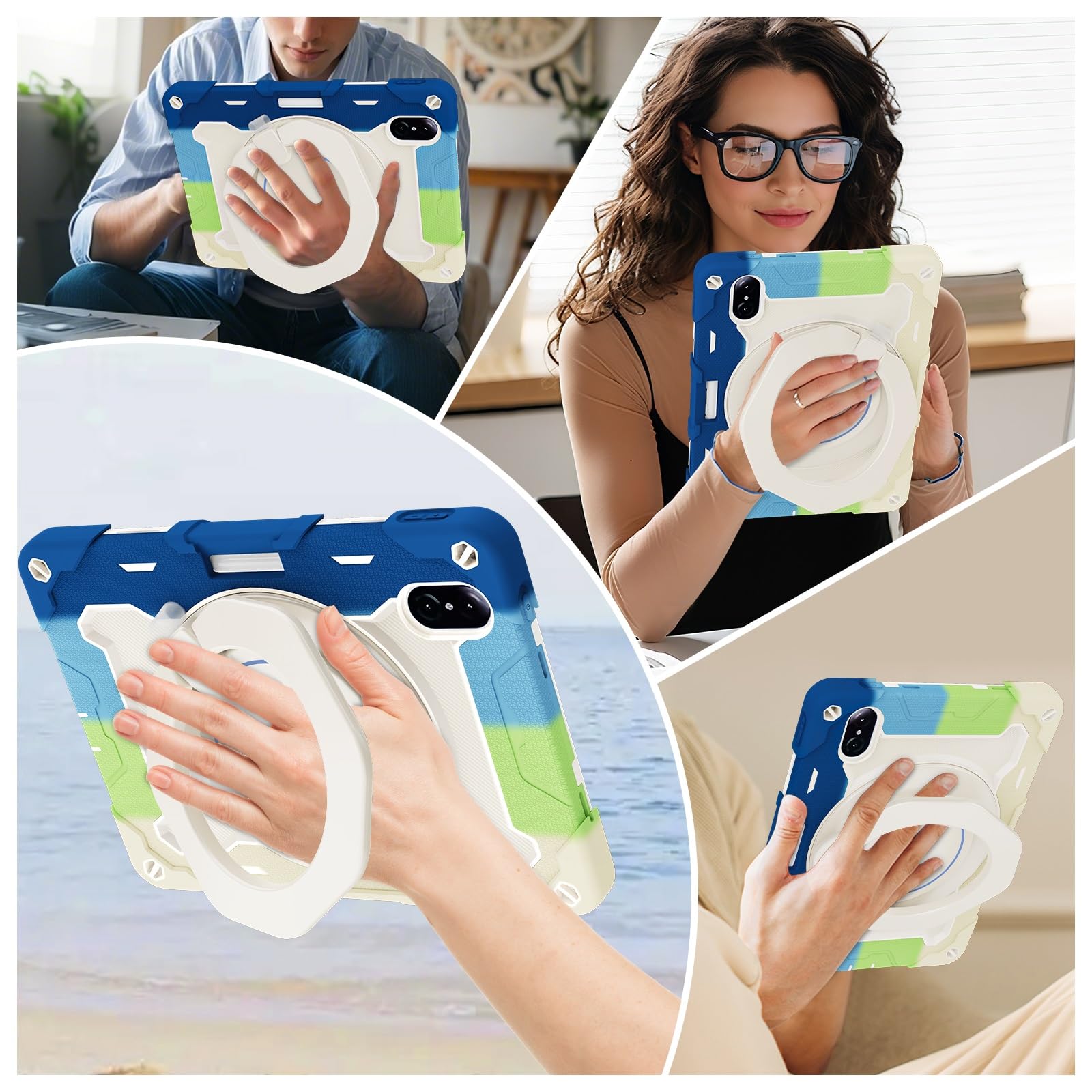 Wytrzymałe etui ochronne do Honor Pad V8/V7 Pro 11 cali, obrotowa podstawka 360°, pasek na ramię, uchwyt ołówek i pierścień uchwytu, odporna wstrząsy osłona dla dzieci dorosłych(Blue White)