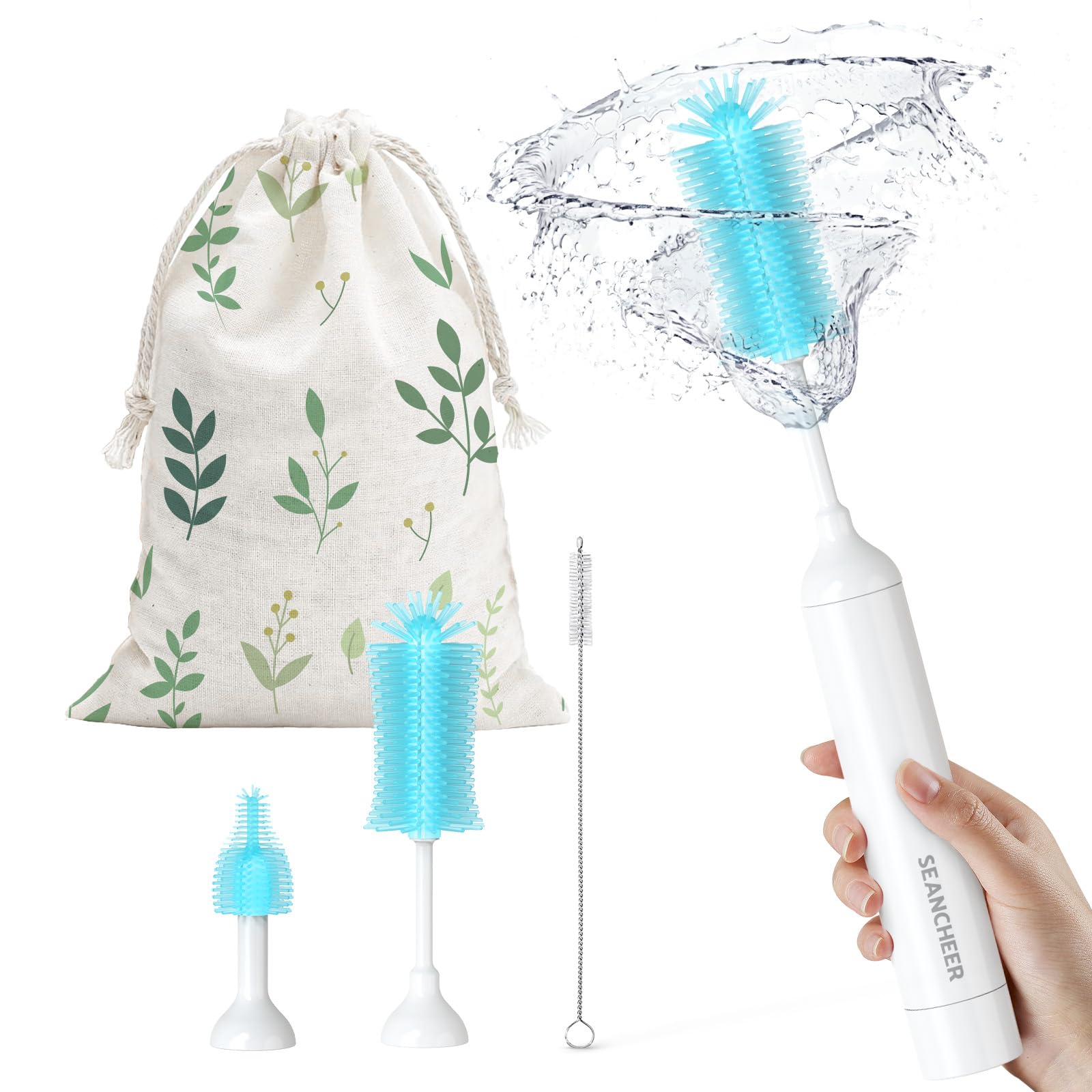SEANCHEER S02 Electric Bottle Brush Set, Portable Baby Bottle Brush Cleaner, AA Battery-Powered & IPX7 Waterproof, with Silicone Bottle/Nipple/Straw Brush, for Home & Travel (Blue)