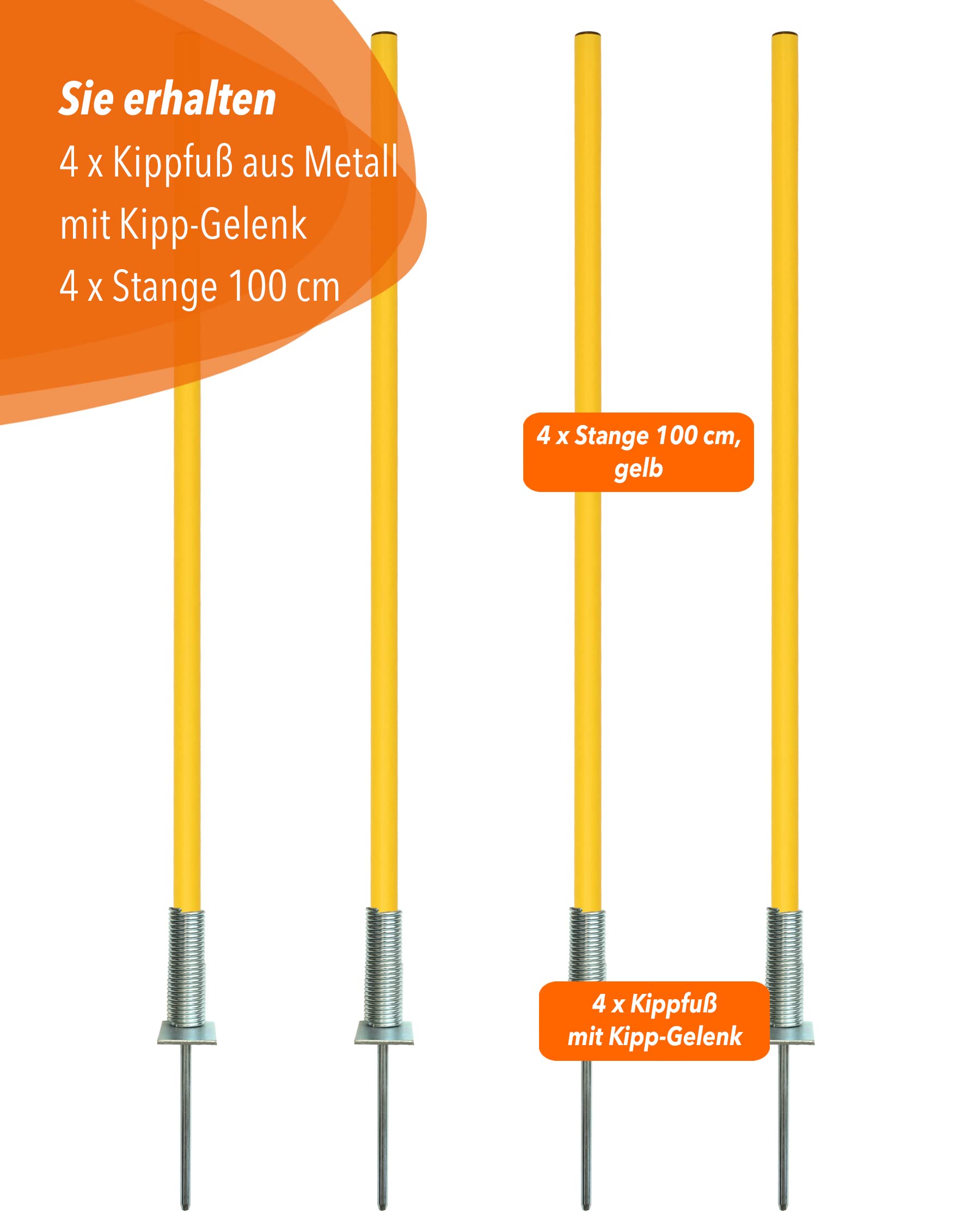 Kombi-Kippfuß aus Metall mit Slalomstange 100 cm – 4er Set – Stange mit Federgelenk – Slalom- & Koordinationstraining – für Fußball, Leichtathletik & Hundesport – Agility-Stangen