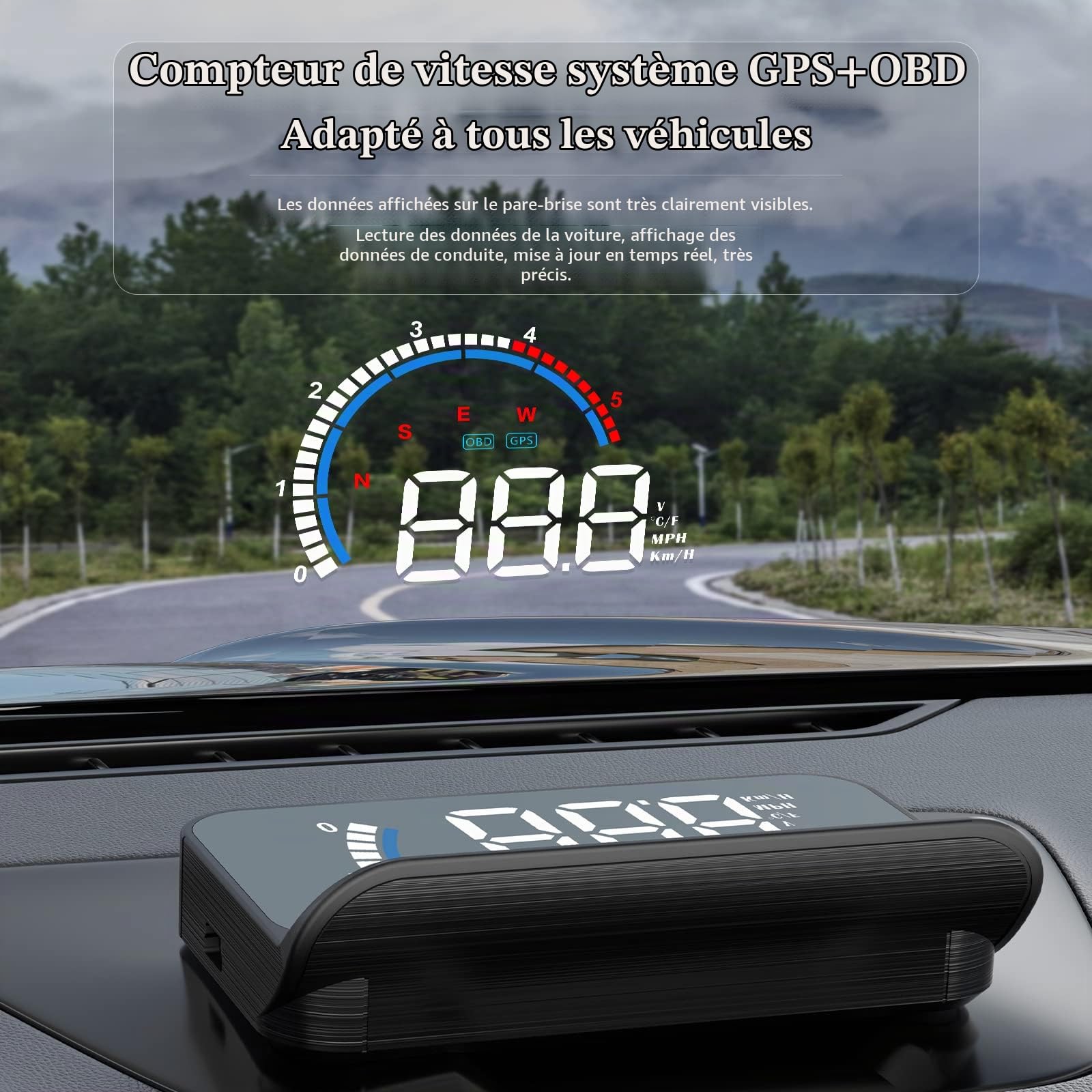 Car HUD Head up Display, OBD2 & GPS Dual Modes HUD, Speedometer, KM/H et MPH, Compatible avec toutes les voitures