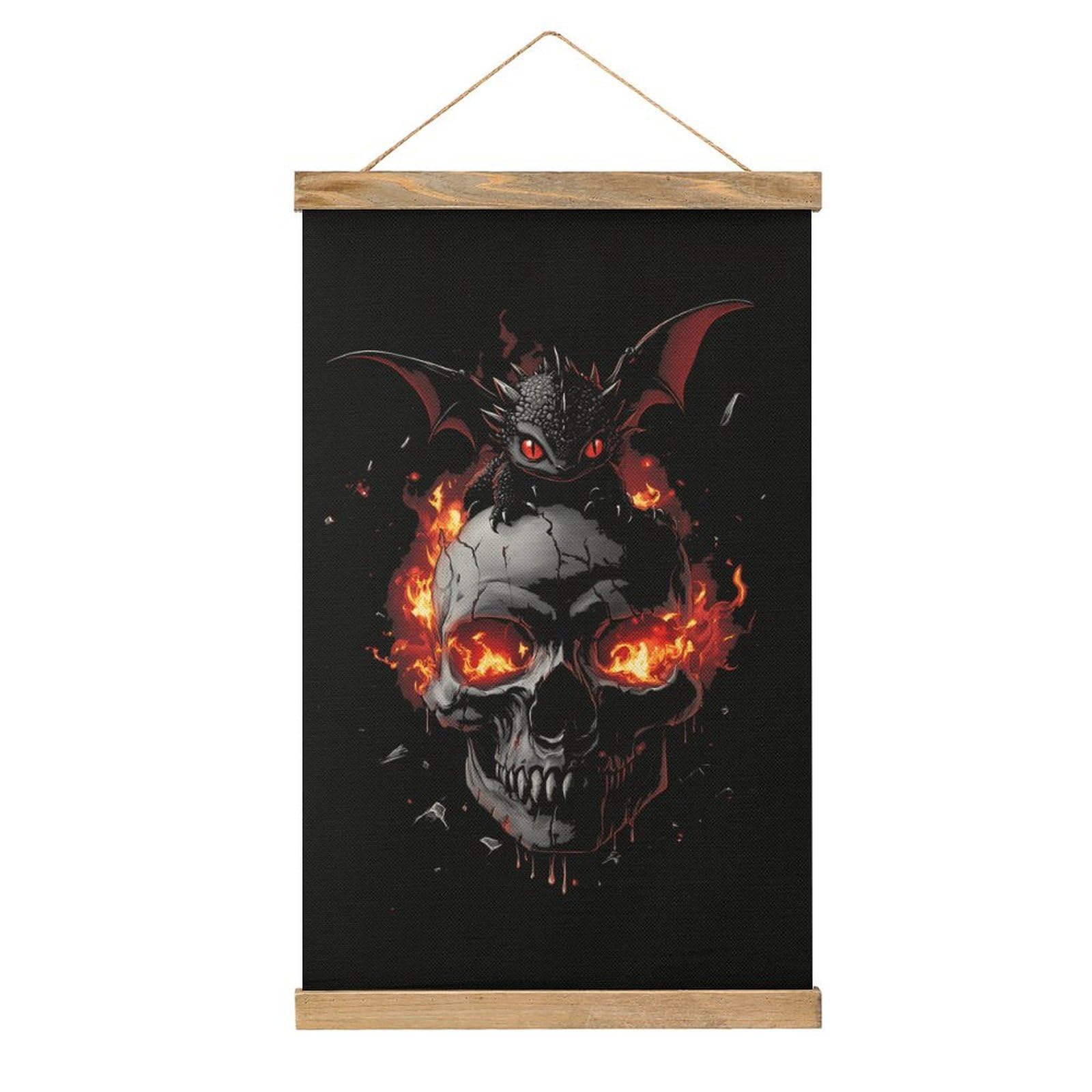 CGSBNGHA Black Dragon Fire Skull Wall Art Prints Linen Hanging Painting Scroll Paintings Pictures Decor for Home
