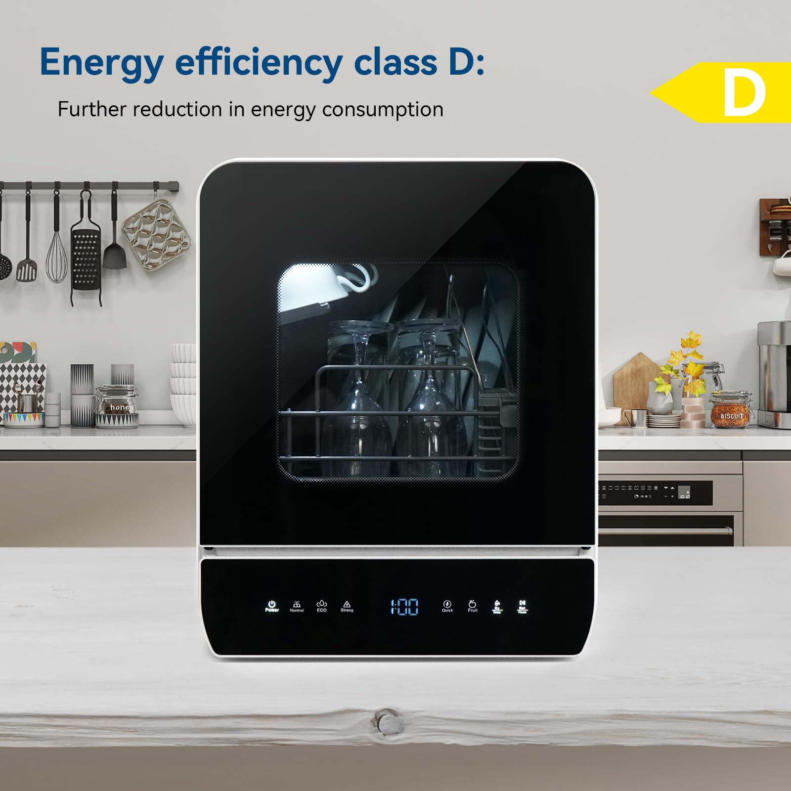eklipt Portable Countertop Dishwasher, Mini Dishwasher, 4.8L Built-in Water Tank, 7 Programmes, 37 * 51cm Ultra-Narrow & Deep Design, Touch Control & 360° Dual Spray, Hose/No-Hose Setup, Black — view 2