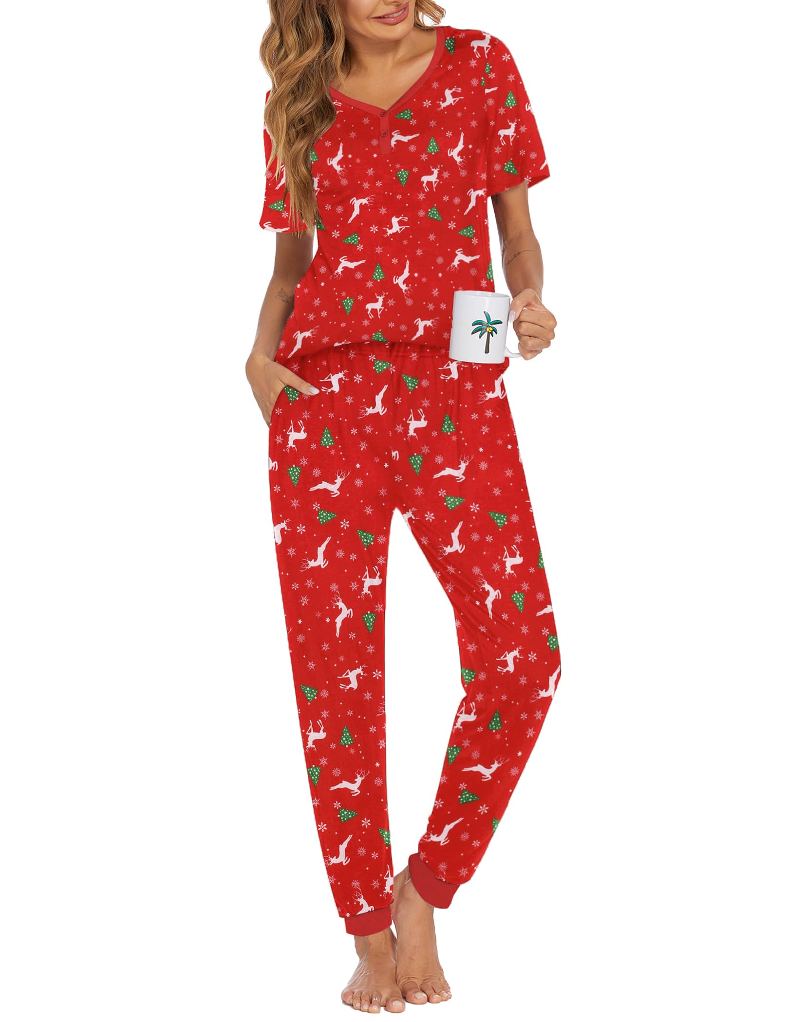 Ekouaer Pajamas for Women Set 2 Piece Short Sleeve Fall Pjs with Pockets