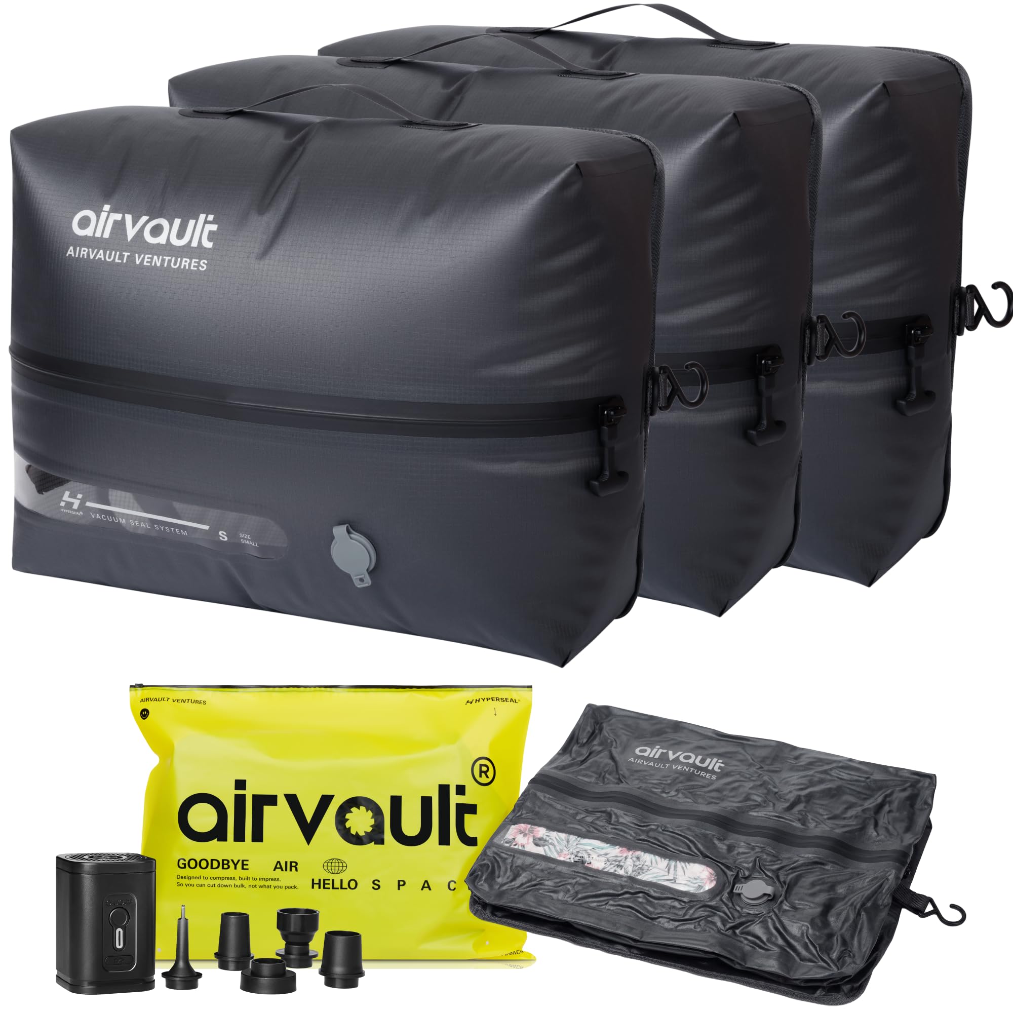 AirVault Reusable Vacuum Compression Travel Bag for Carry-On Suitcase and Backpack, Recycled IP67 Waterproof Space Saver Vacpack (18L Gray (3-Pack) (
