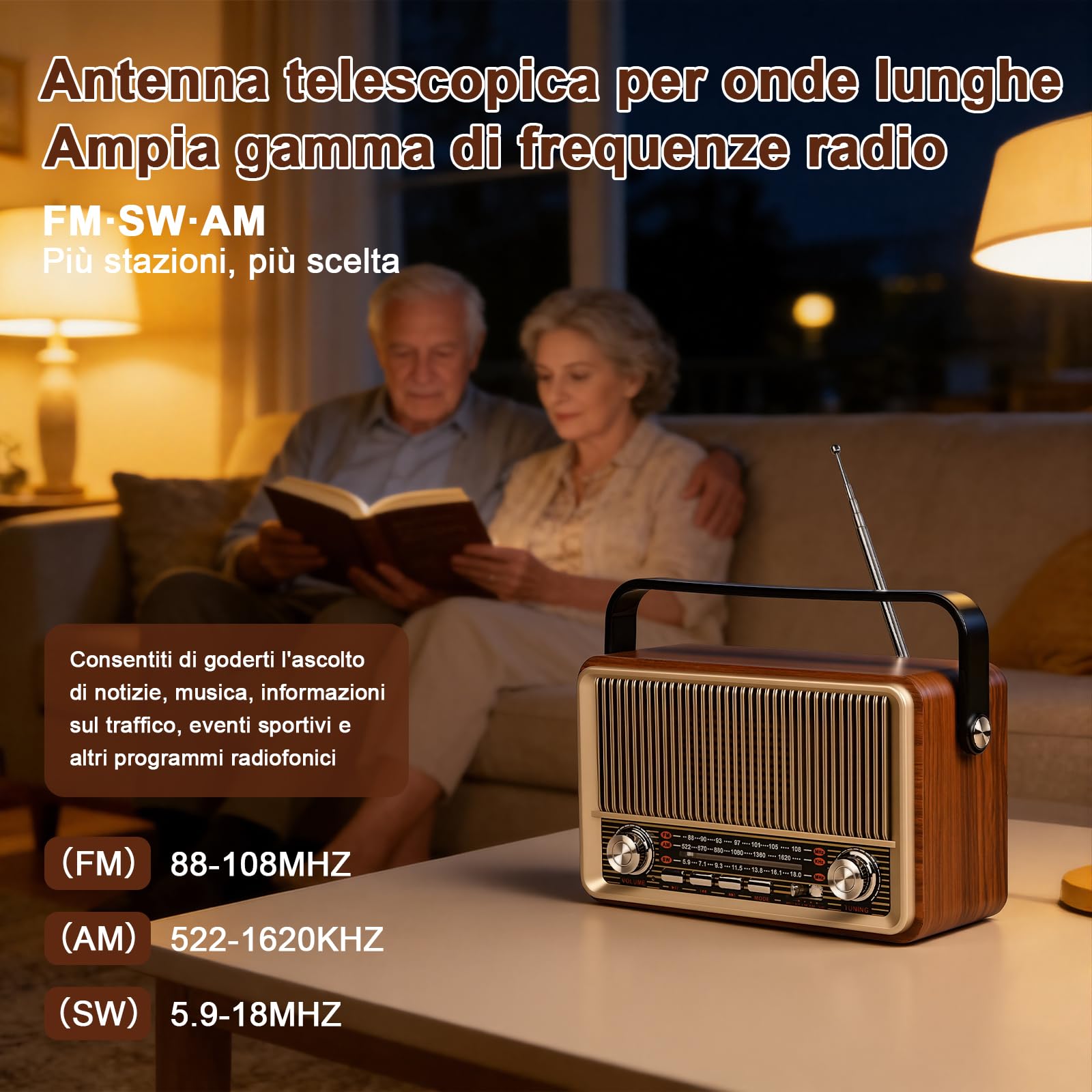 Radio Portatile FM/AM/SW Bluetooth 5.1 Vintage Retrò con Batteria Ricaricabile 1200 mAh