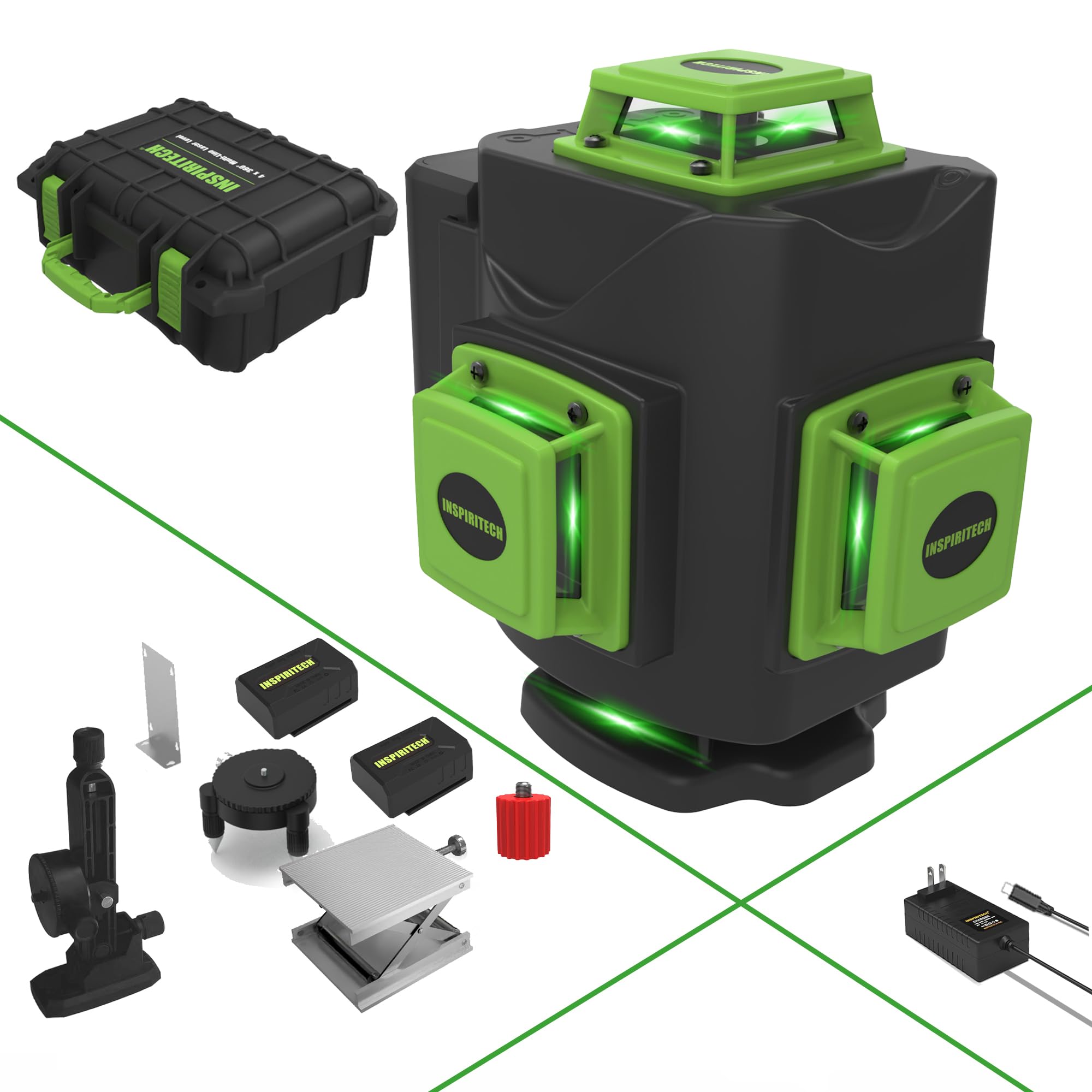 INSPIRITECHTile Laser Level 360 Self-leveling - Floor 4 x 360 Green Beam Cross Line Lszer Leveler Tool - 4D Ceiling Nivel Laser for Construction - Hard-Sided Case