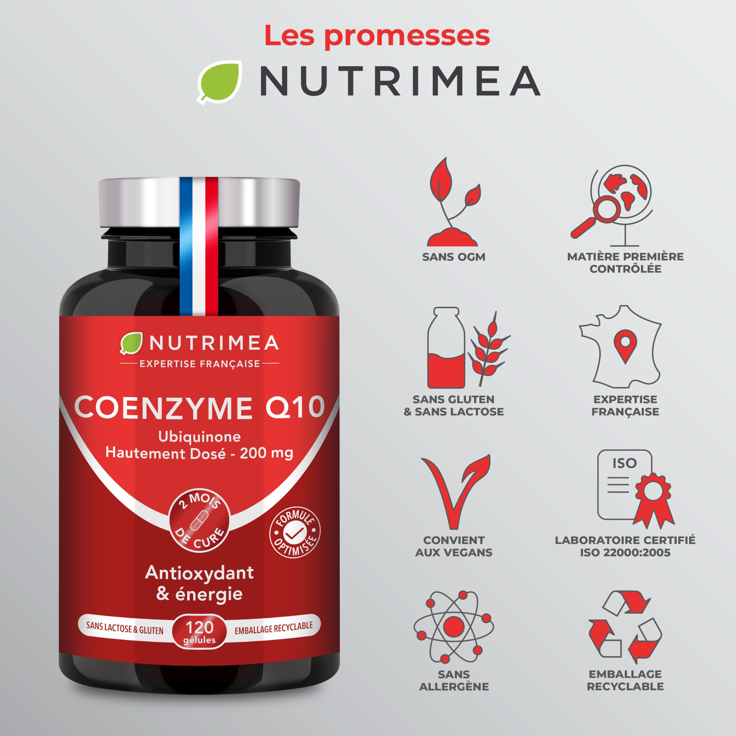 COENZYME Q10 - Précurseur de l'Ubiquinol - Puissant Antioxydant Naturel - Protecteur Anti-Age - Énergie Cellulaire - Absorption Maximale - 120 Gélules Vegan - Nutrimea - Fabriqué en France