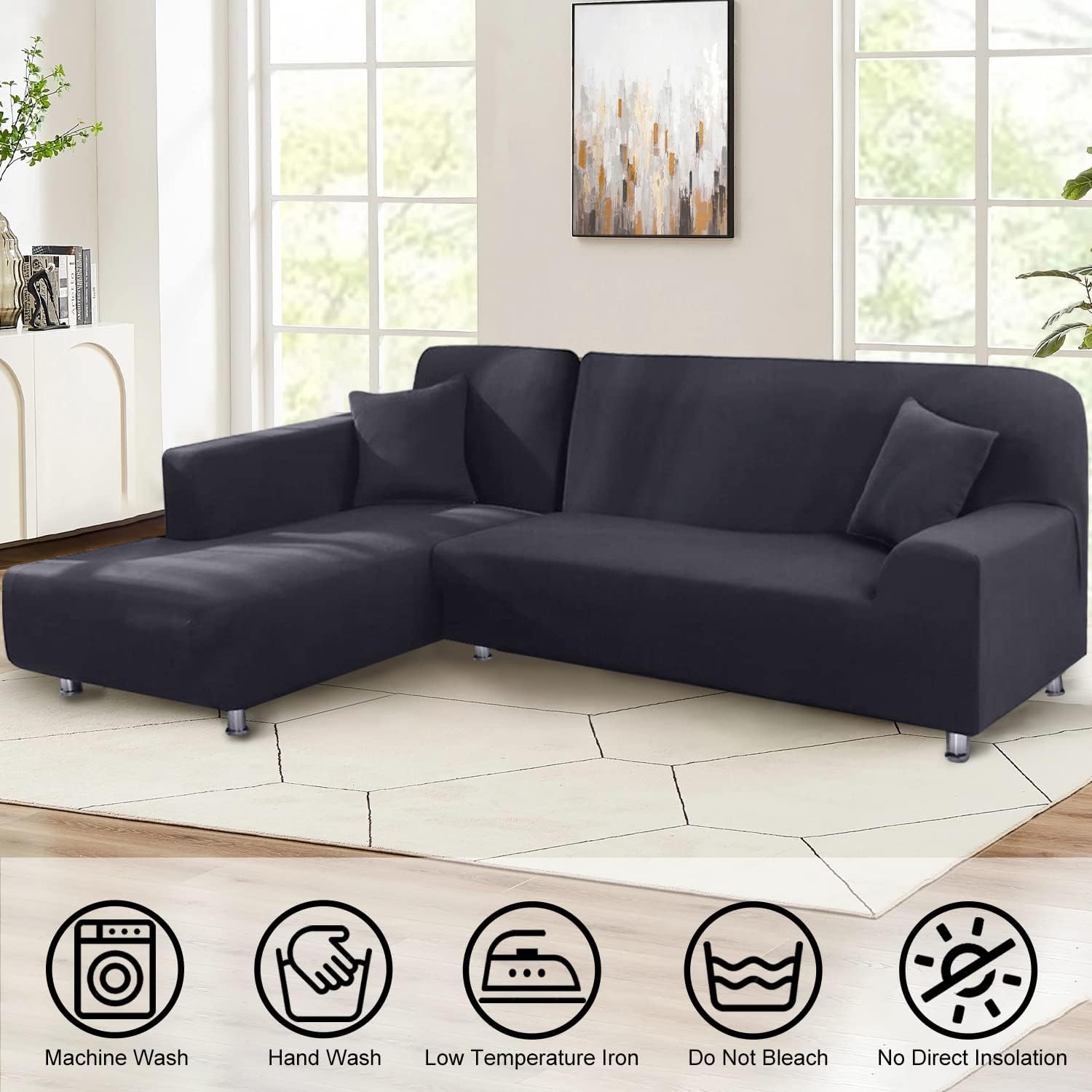 Sectional Couch Covers 2-Piece Softness L Shaped Sofa Cover Super Stretch L-Type Couch Slipcover with 2Pcs Pillowcases Sofa Slipcover 3 Seater + 3 Seater Furniture Protector (Dark Grey)