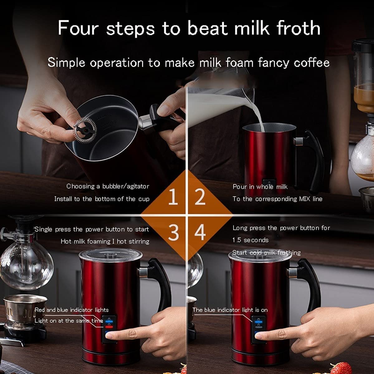 HMTE Montalatte Elettrico e riscaldatore Schiumalatte Automatico con funzionalità Latte Caldo e Freddo per Cioccolata Calda al caffè (Colore : Nero) (Rosso)