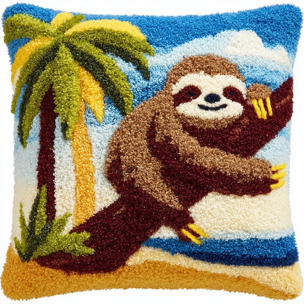 kitphoenix Latch Hook Kit Cushion Sloths 43X43Cm Handmade Knitted Cushion Material Package,Beginner Friendly DIY Craft Set,Home Decor Pillow