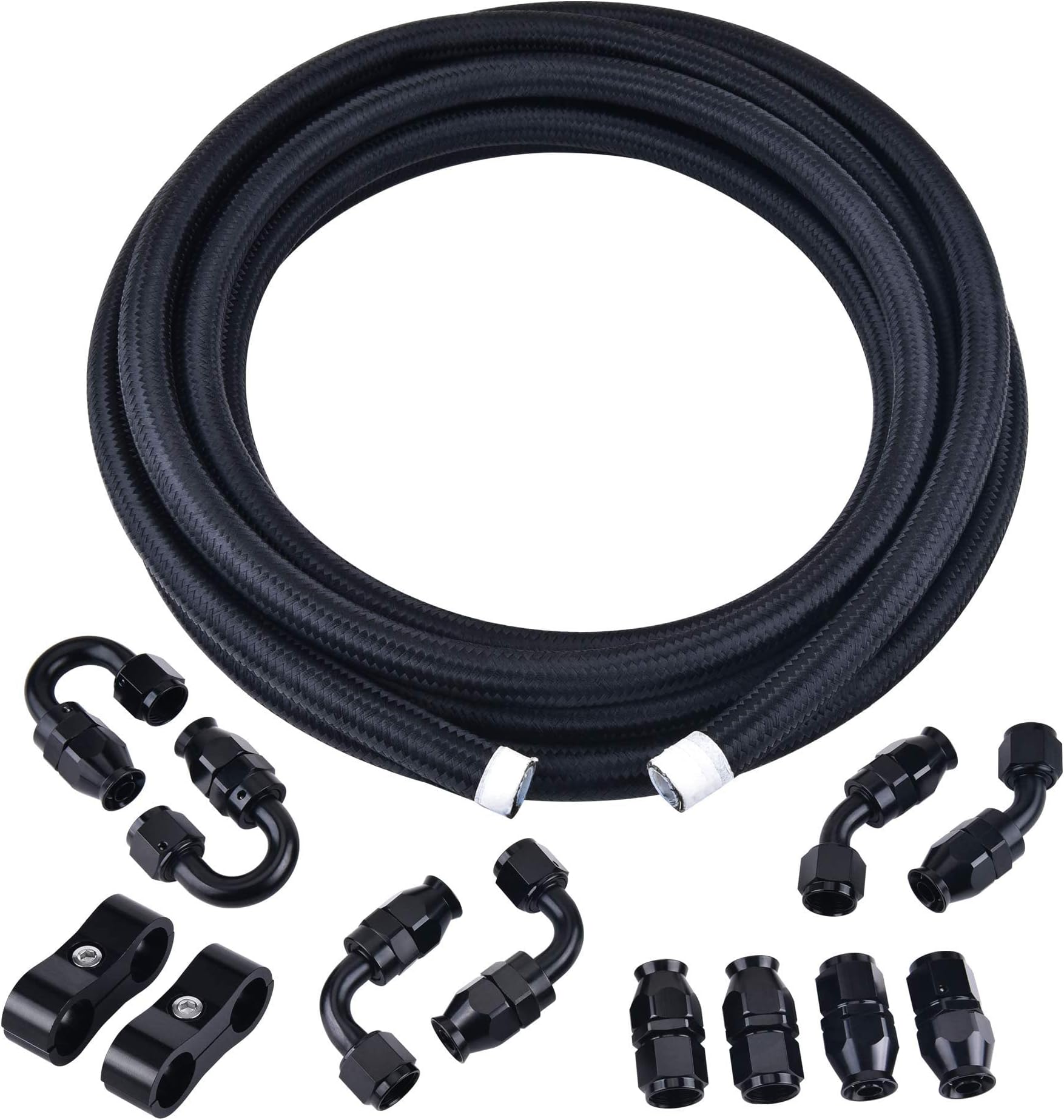 EVIL ENERGY 10AN PTFE E85 Hose Braided Fuel Injection Line Fitting Kit 20FT Nylon Stainless Steel Black (Hose ID: 0.51inch)