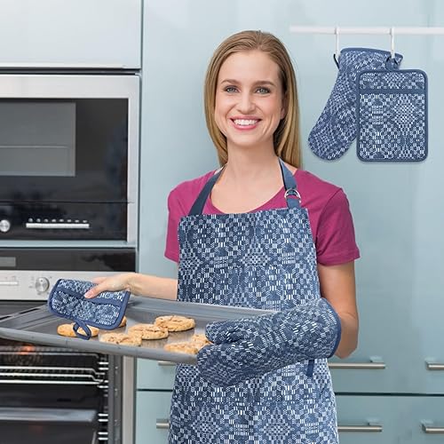 Miniatura 20 de Juego de 5 manoplas para horno y agarraderas con delantal de cocina, guantes de cocina resistentes al calor y agarraderas antideslizantes de