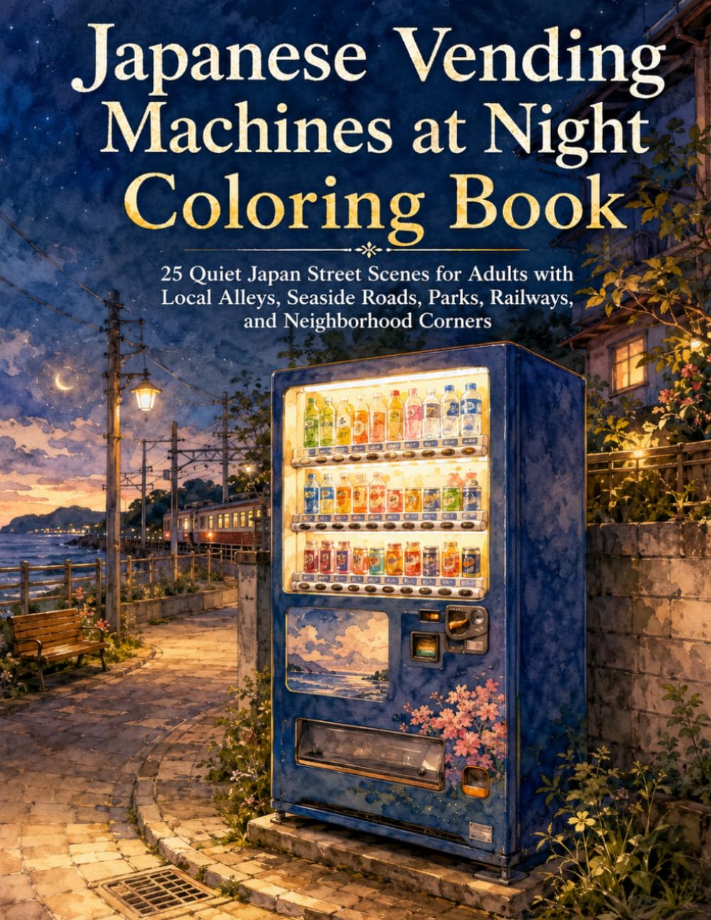 Japanese Vending Machines at Night Coloring Book: 25 Quiet Japan Street Scenes for Adults with Local Alleys, Seaside Roads, Parks, Railways, and Neighborhood Corners
