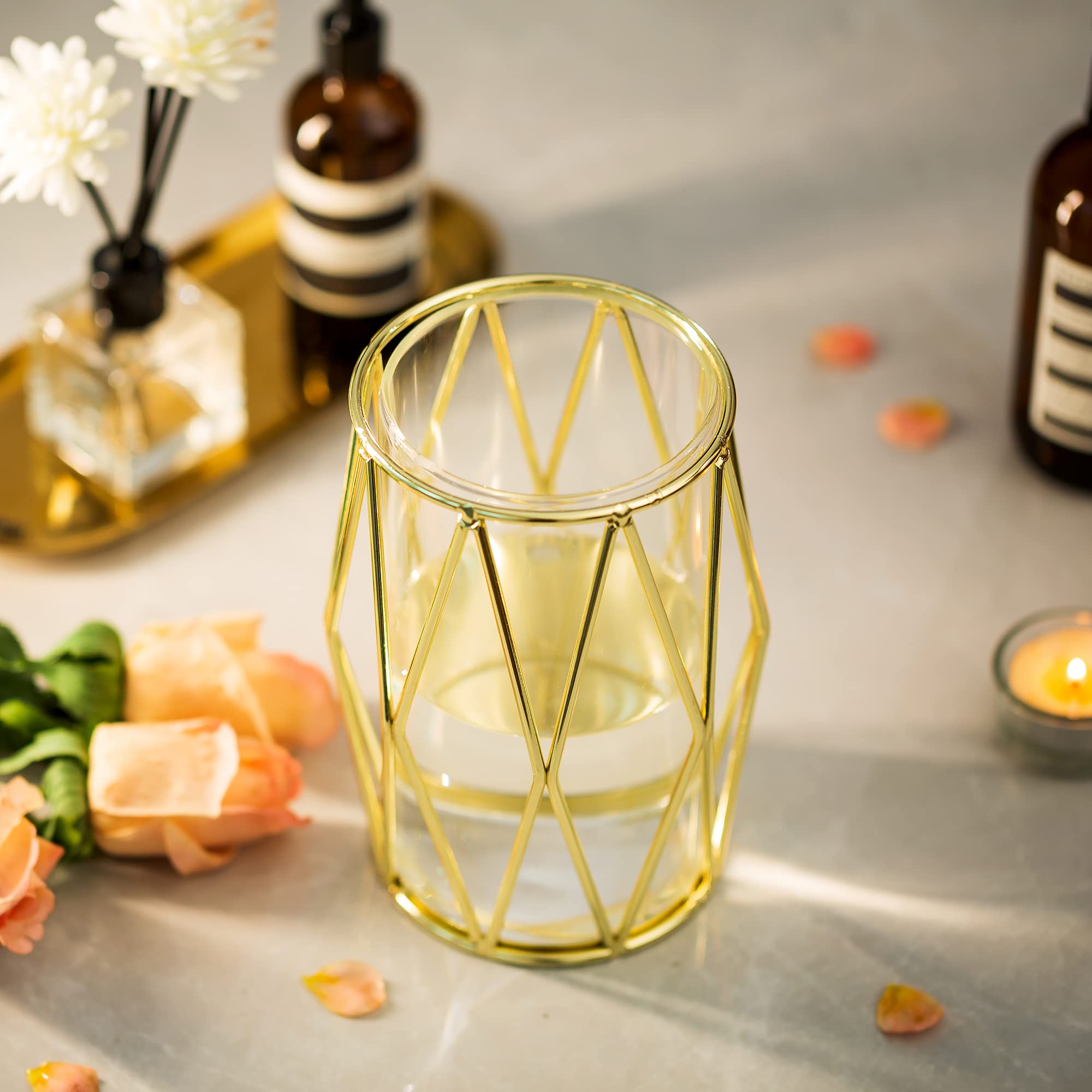 Small Gold Vases for Centerpieces, Set of 2 Glasseam Modern Geometric Metal Flower Vases with Clear Glass Cylinder, Decorative Golden Vase for Decor Pillar Candle Holder for Living Room Wedding