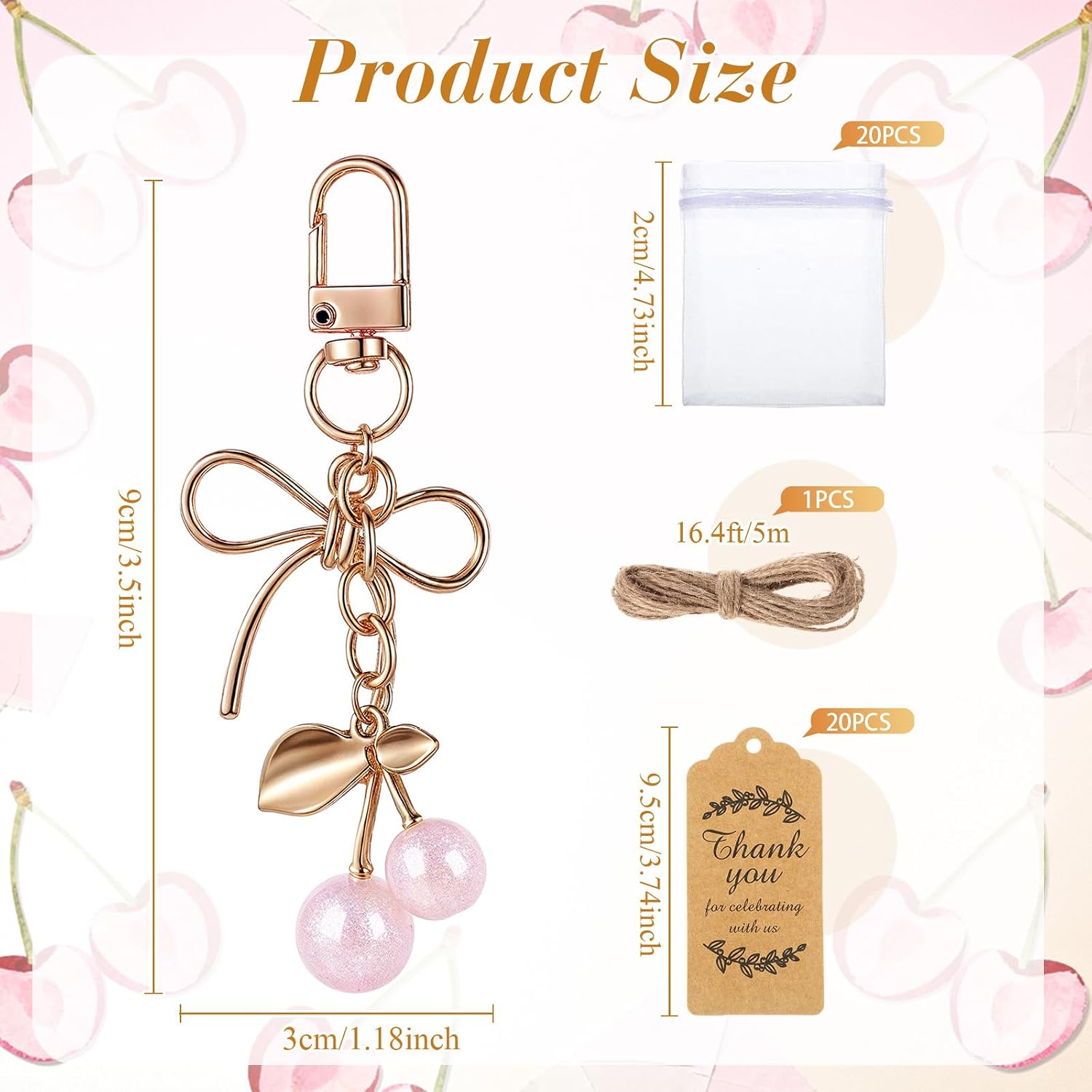Ecation 20 Set Pink Cherry Bow Keychain Party Favor Cherry on Top Baby Shower Favor Fruit Charm Keyring Accessories Present Kraft Tag Organza Bag for Guest Baptism Bridal Shower Valentine Wedding Gift
