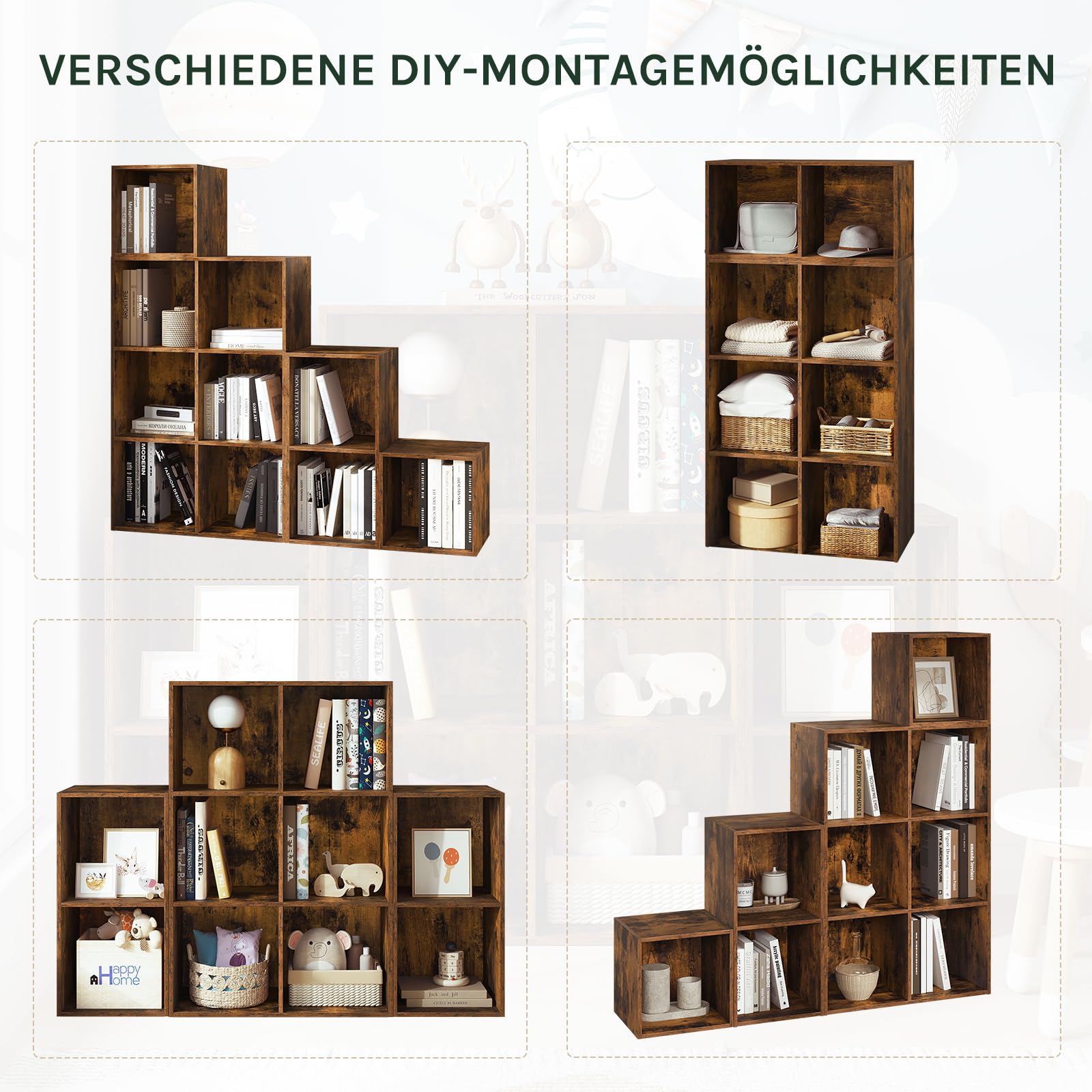 WOLTU Bücherregal, Raumteiler, Stufenregal, Treppenregal, Würfelregal, mit 10 Fächern, Standregal, Aufbewahrungsregal für Bücher Spielzeug Wohnzimmer, 120x120x30 cm, Rustikales Braun, SK035vbn