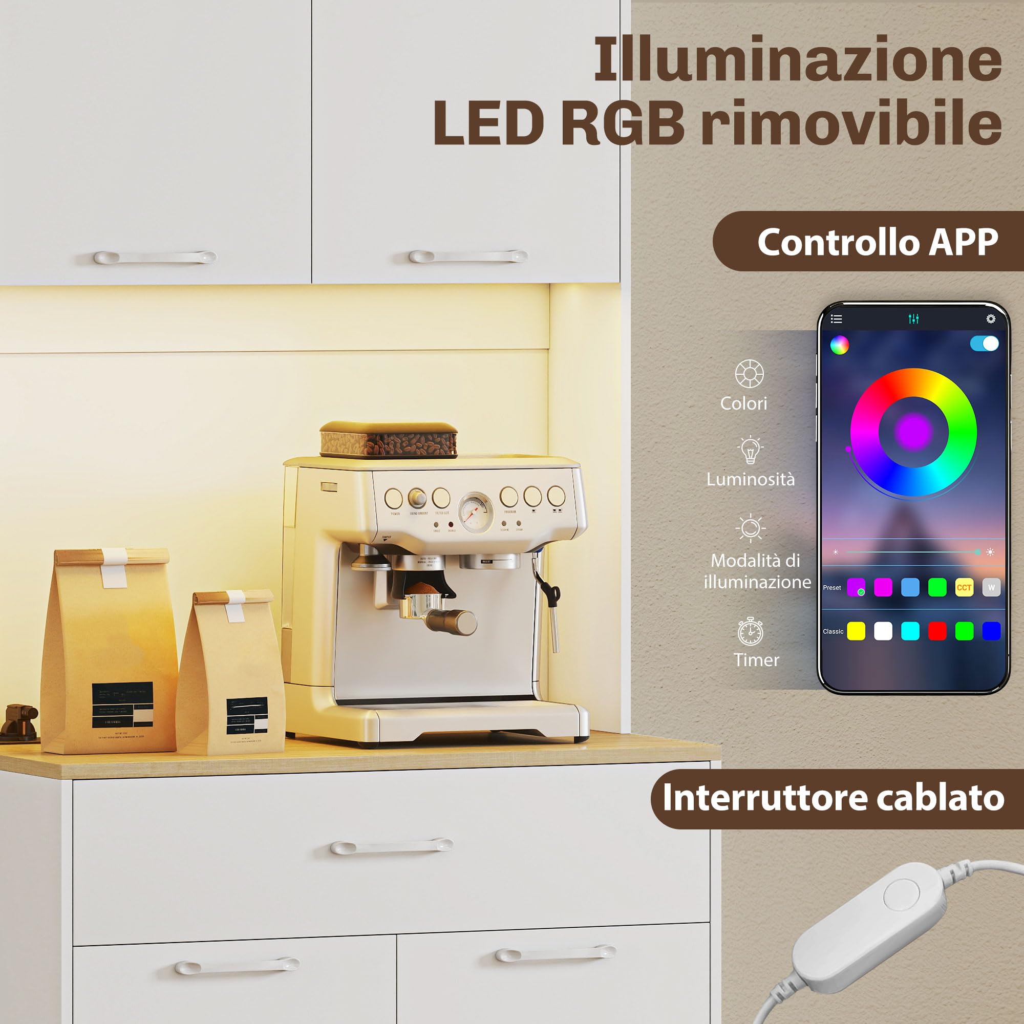 HOMCOM Credenza Cucina, Mobile Dispensa con Luci LED e Stazione di Ricarica con USB, Mobile Cucina con 2 Armadietti, Cassetto, Ripiani Regolabili, per Sala da Pranzo, Soggiorno, 71x40x180 cm, Bianco